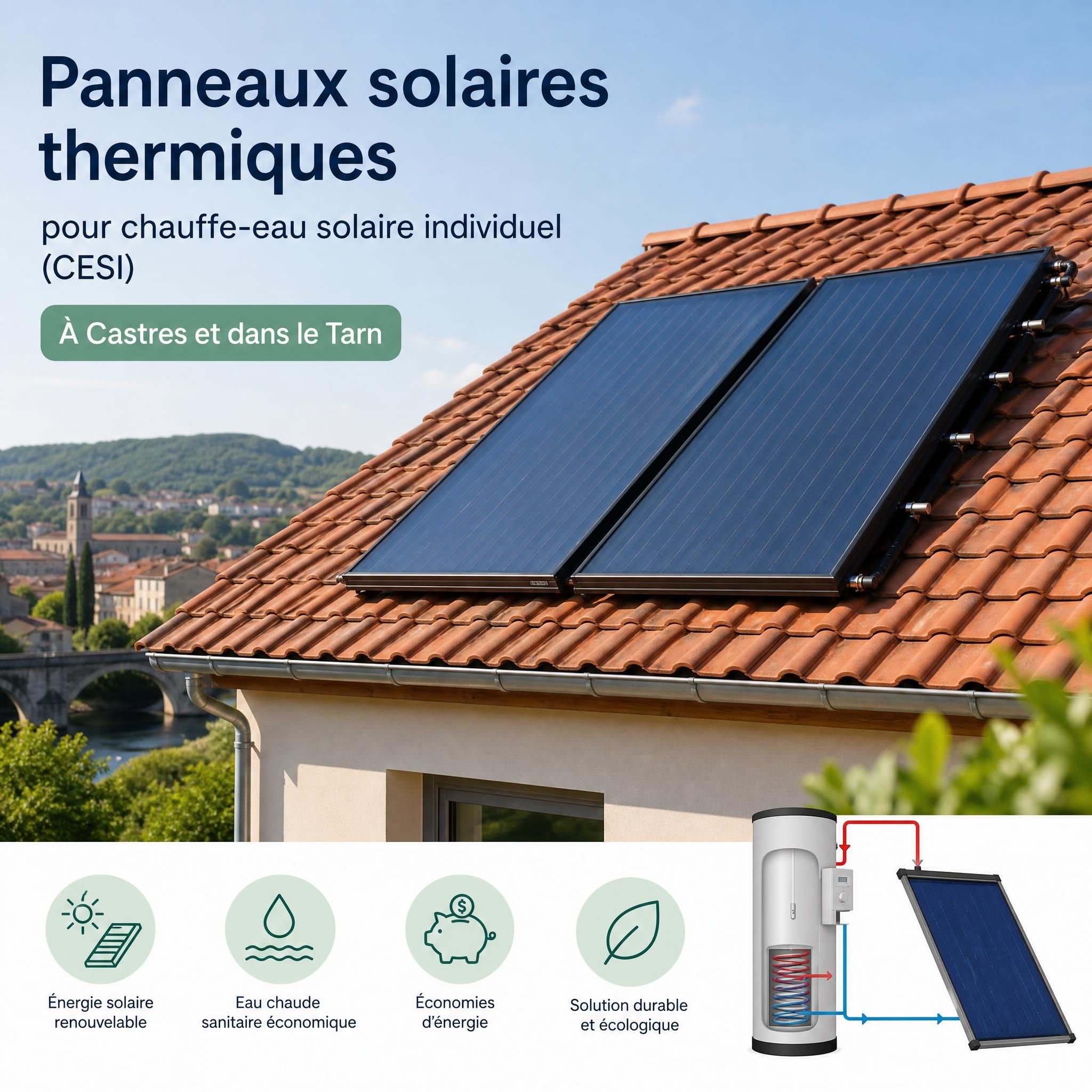 Panneaux solaires thermiques sur toiture pour chauffe-eau solaire individuel CESI, maison à Castres ou dans le Tarn