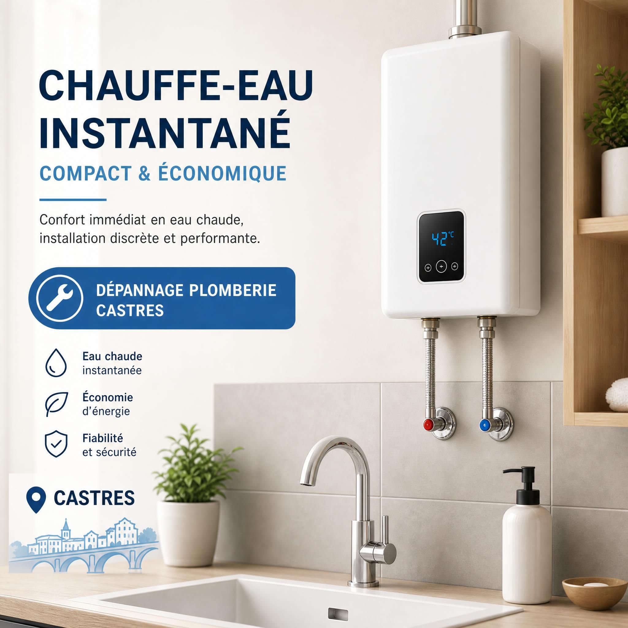 Chauffe-eau instantané compact mural installé dans une cuisine ou salle de bain, dépannage plomberie Castres