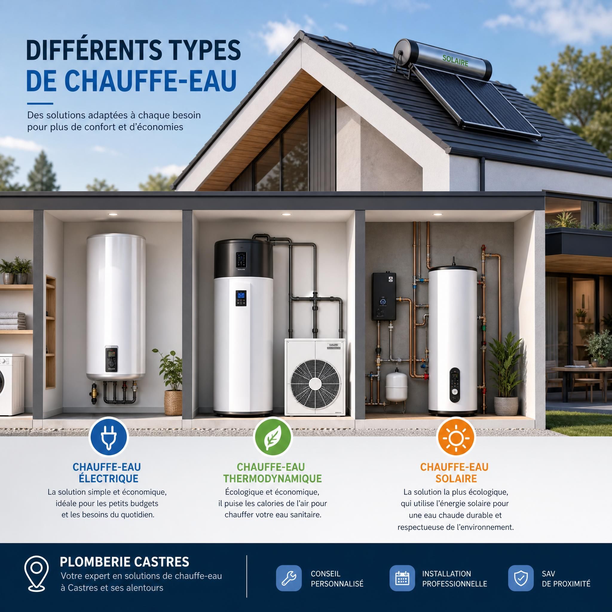 Différents types de chauffe-eau - électrique, thermodynamique et solaire installés dans une maison moderne, plomberie Castres