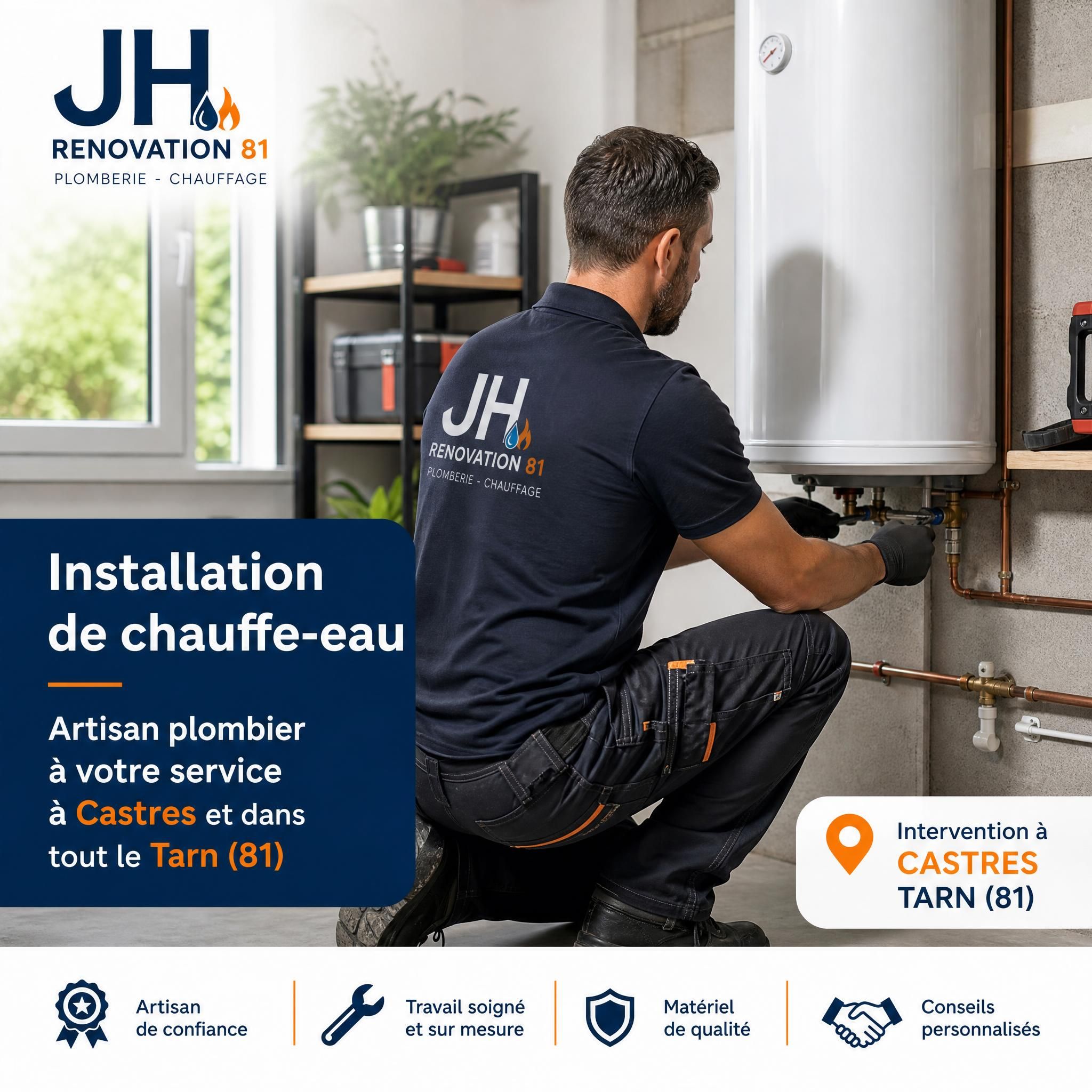 Artisan plombier JH Renovation 81 en intervention pour installation chauffe-eau chez un particulier à Castres Tarn 81