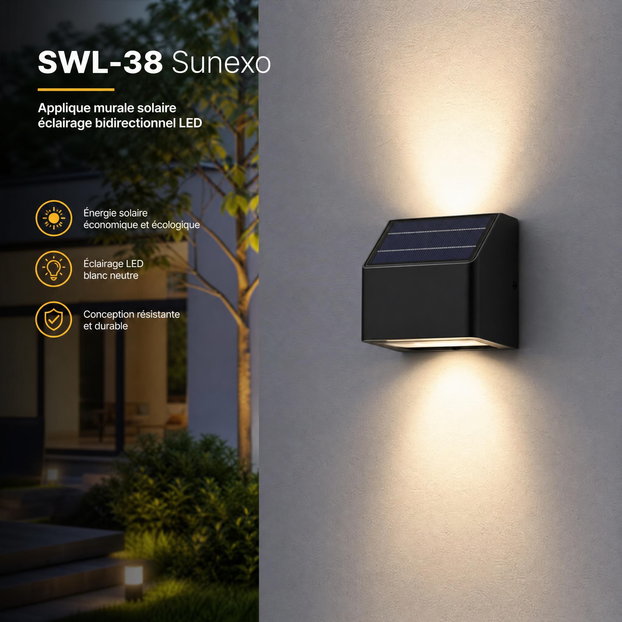 Applique murale solaire SWL-38 Sunexo installée sur façade extérieure, éclairage bidirectionnel LED blanc neutre
