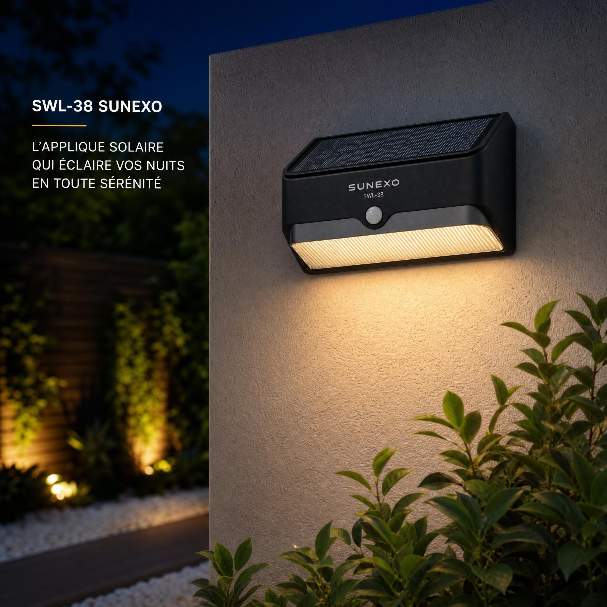 Applique murale solaire SWL-38 Sunexo installée sur un mur de jardin, éclairage en fonctionnement la nuit