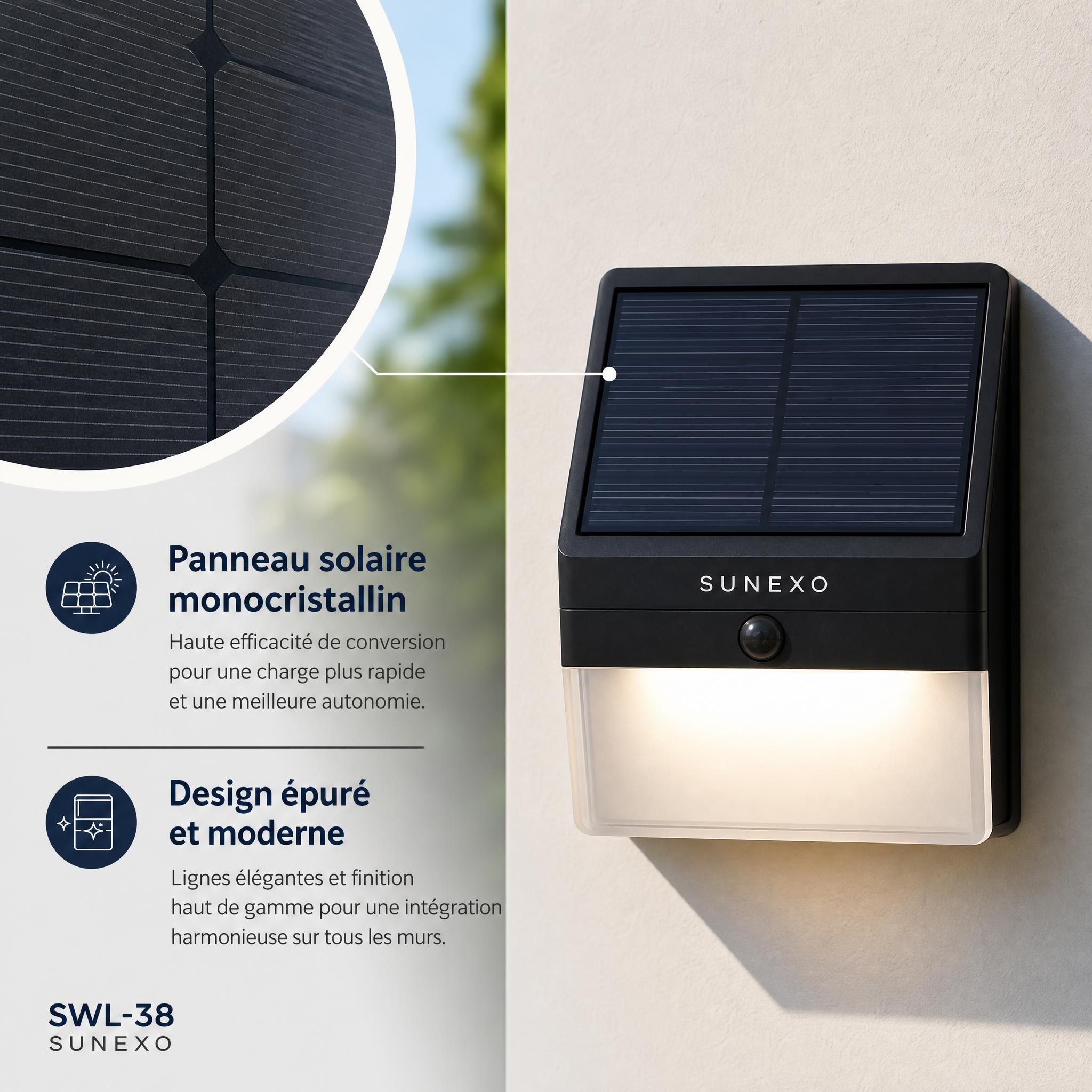 Détail du panneau solaire monocristallin et du design épuré de l'applique SWL-38 Sunexo, vue de face
