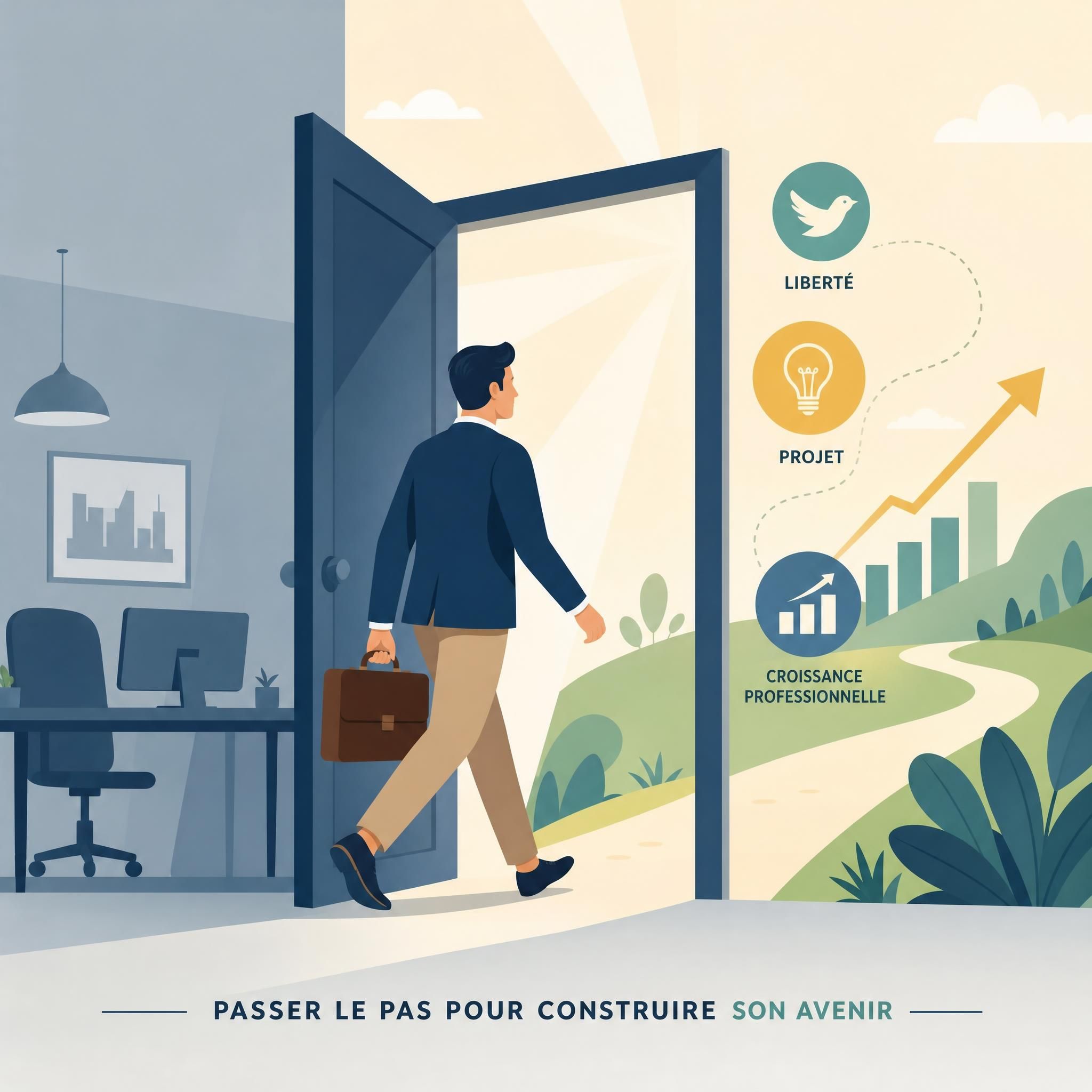 Illustration flat design vectorielle représentant un salarié qui franchit une porte symbolisant le passage vers l'entrepreneuriat, avec des icônes de liberté, de projet et de croissance professionnelle — style graphique épuré, couleurs douces