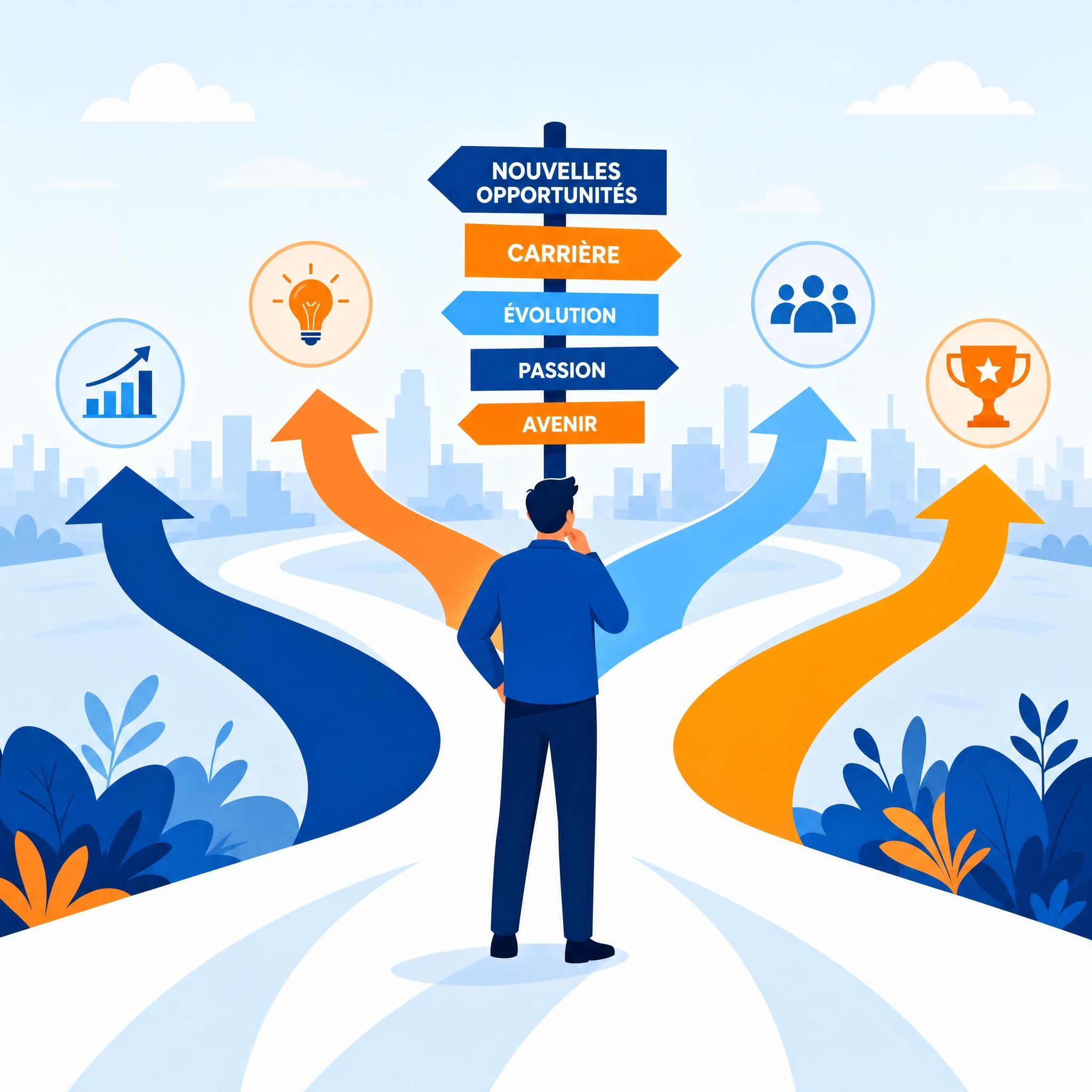 Illustration flat design vectoriel représentant une personne à un carrefour de chemins professionnels, avec des flèches colorées symbolisant de nouvelles opportunités de carrière — style graphique épuré, tons bleu et orange