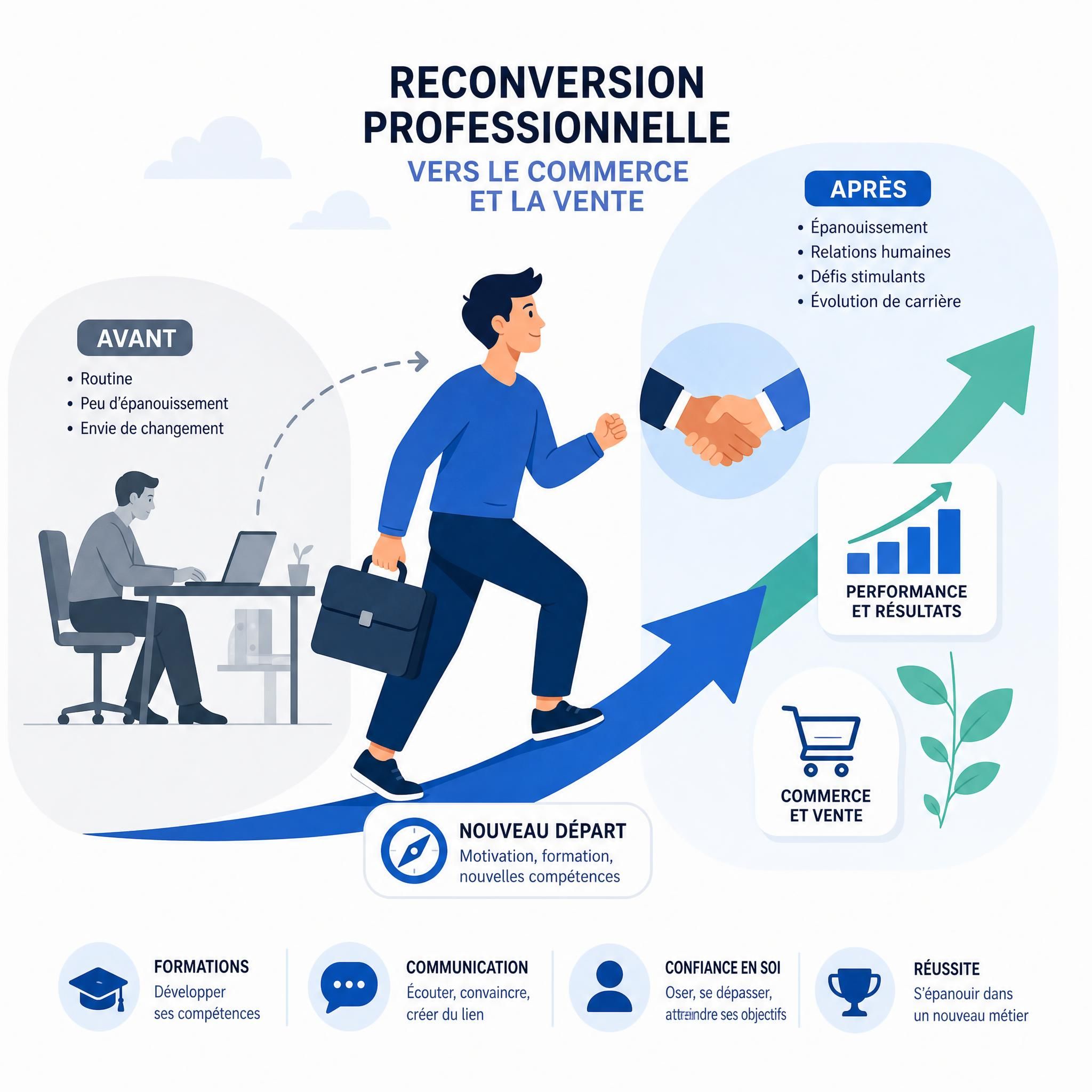 Illustration flat design vectoriel représentant une personne en reconversion professionnelle vers le commerce et la vente, avec des icônes de graphiques, poignée de main et flèches de progression