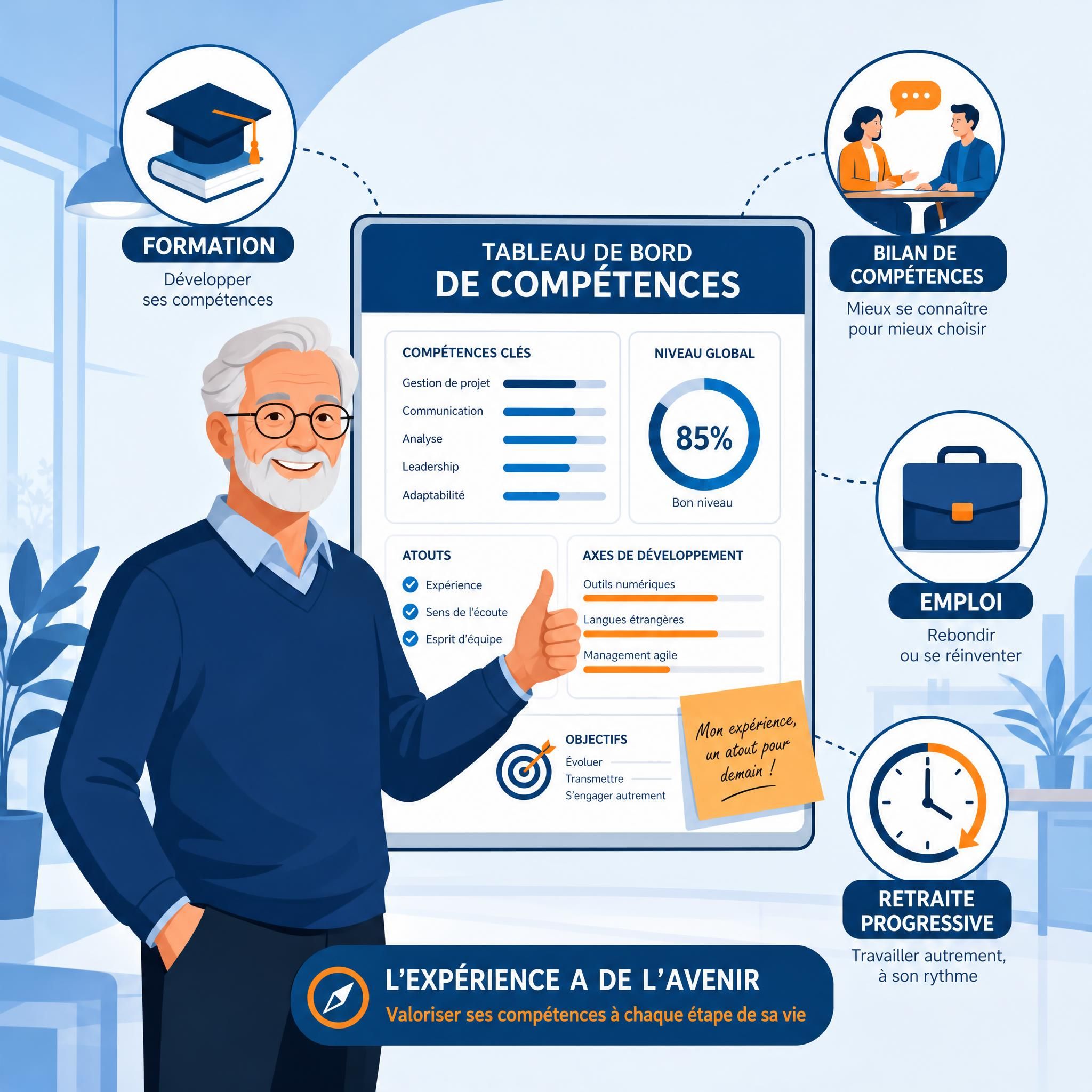 Illustration flat design vectorielle représentant un senior actif et souriant devant un tableau de bord de compétences, entouré d'icônes symbolisant formation, bilan de compétences, emploi et retraite progressive — style graphique coloré, tons bleu et orange
