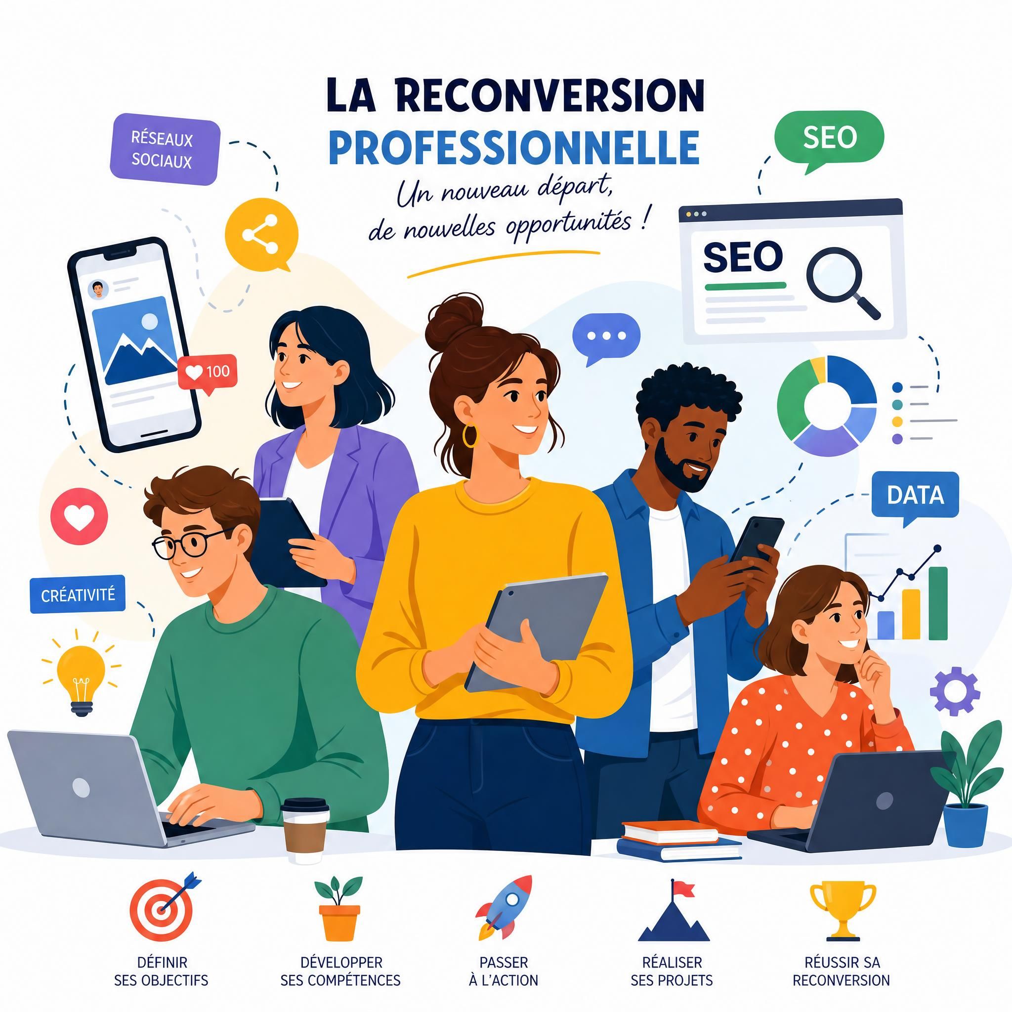 Illustration flat design vectorielle colorée représentant des personnages en reconversion professionnelle entourés d'icônes digitales — smartphone, graphiques, réseaux sociaux, SEO, data — ambiance dynamique et inspirante