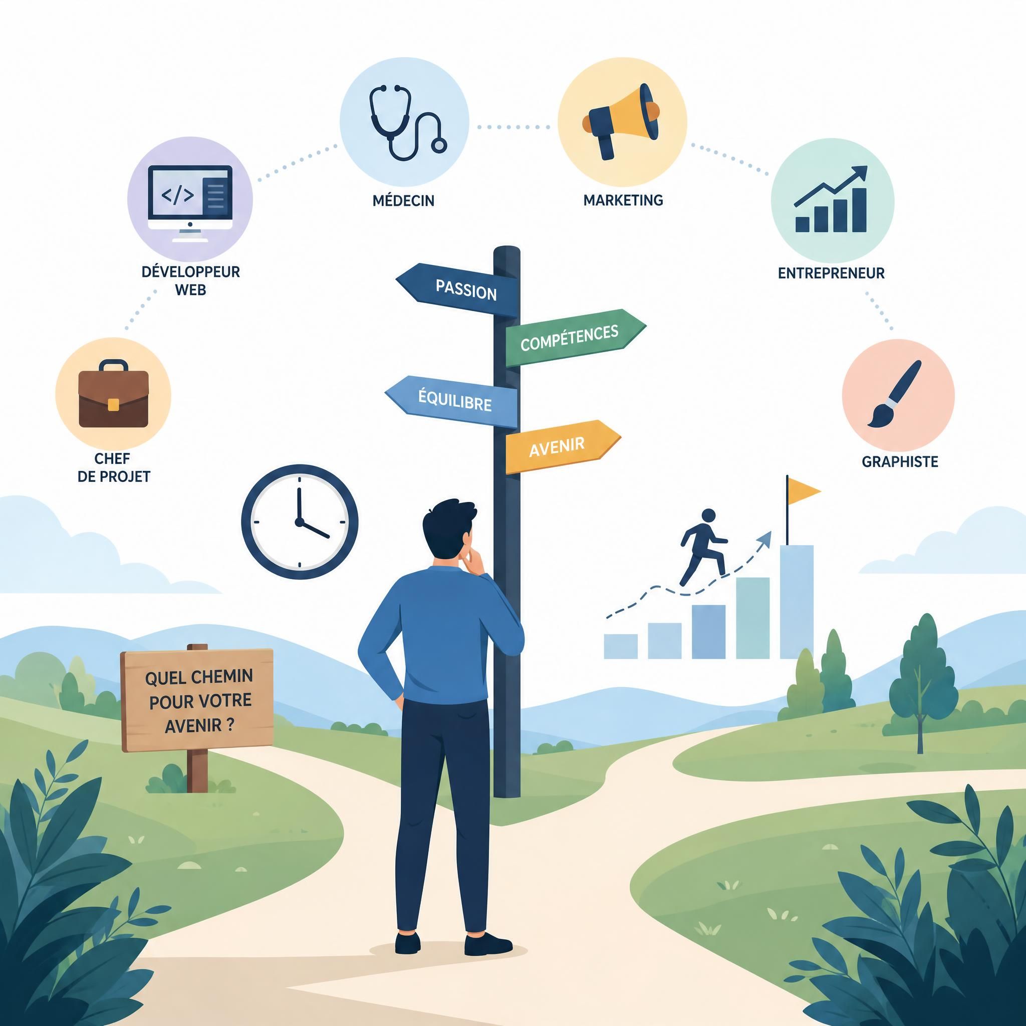 Illustration flat design vectorielle représentant une personne à un carrefour de chemins professionnels avec des icônes de métiers, d'horloge et de progression de carrière — style épuré, couleurs douces