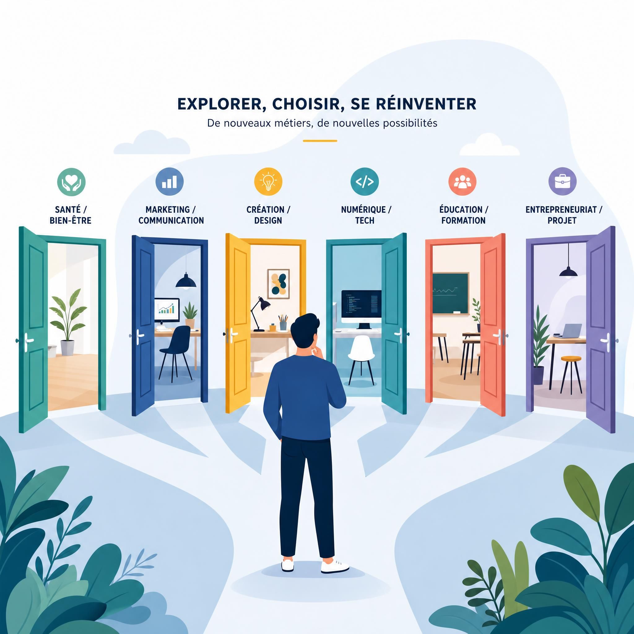 Illustration flat design vectorielle représentant une personne devant plusieurs portes ouvertes symbolisant différents métiers à explorer avant une reconversion professionnelle