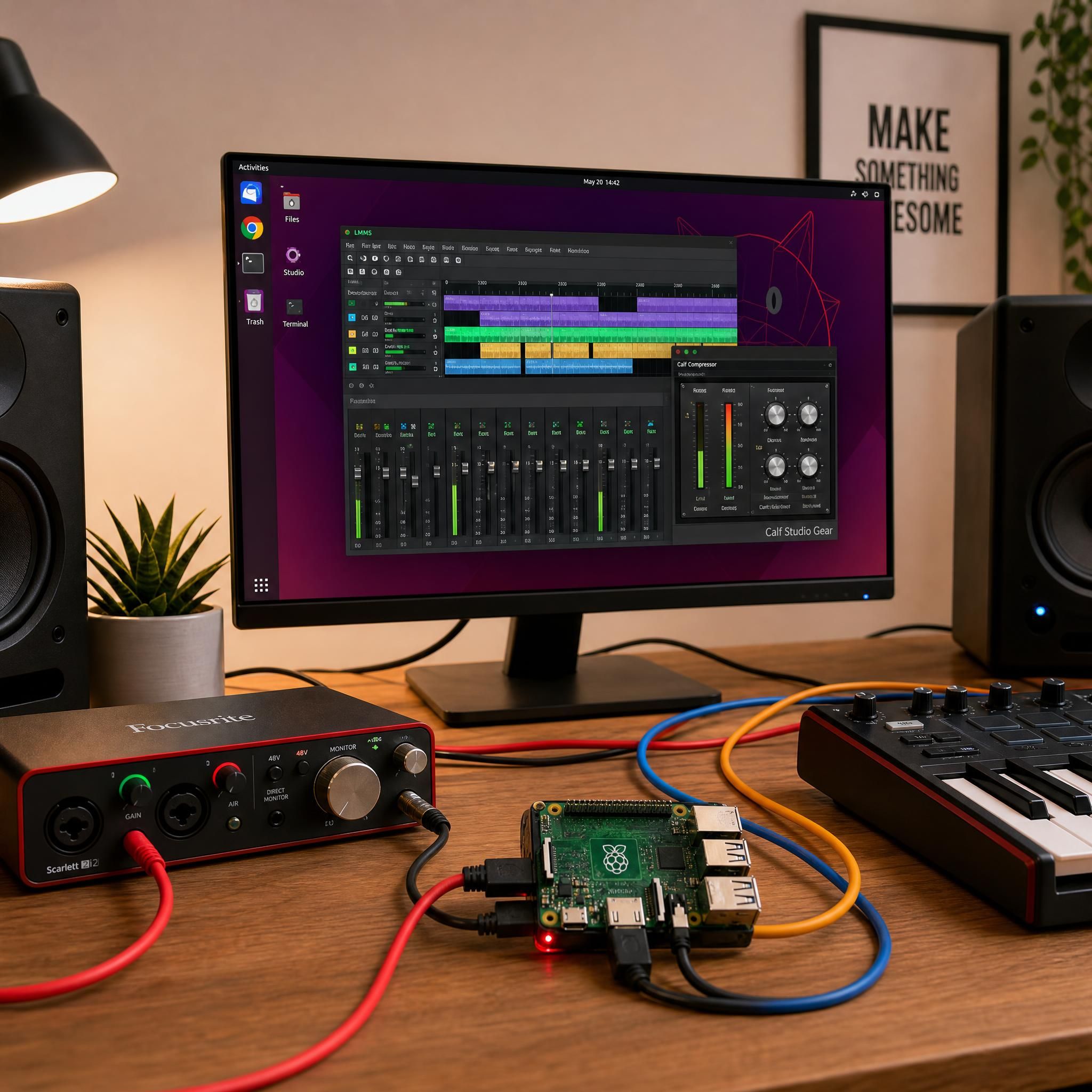 Studio de production musicale minimaliste avec un écran Linux, un Raspberry Pi, une interface audio et des câbles colorés sur un bureau en bois