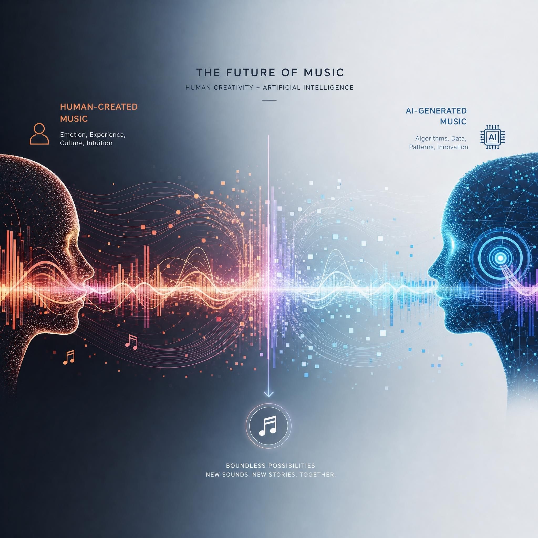 Visualisation artistique d'un flux de données musicales avec des formes d'ondes humaines et des formes d'ondes générées par IA côte à côte