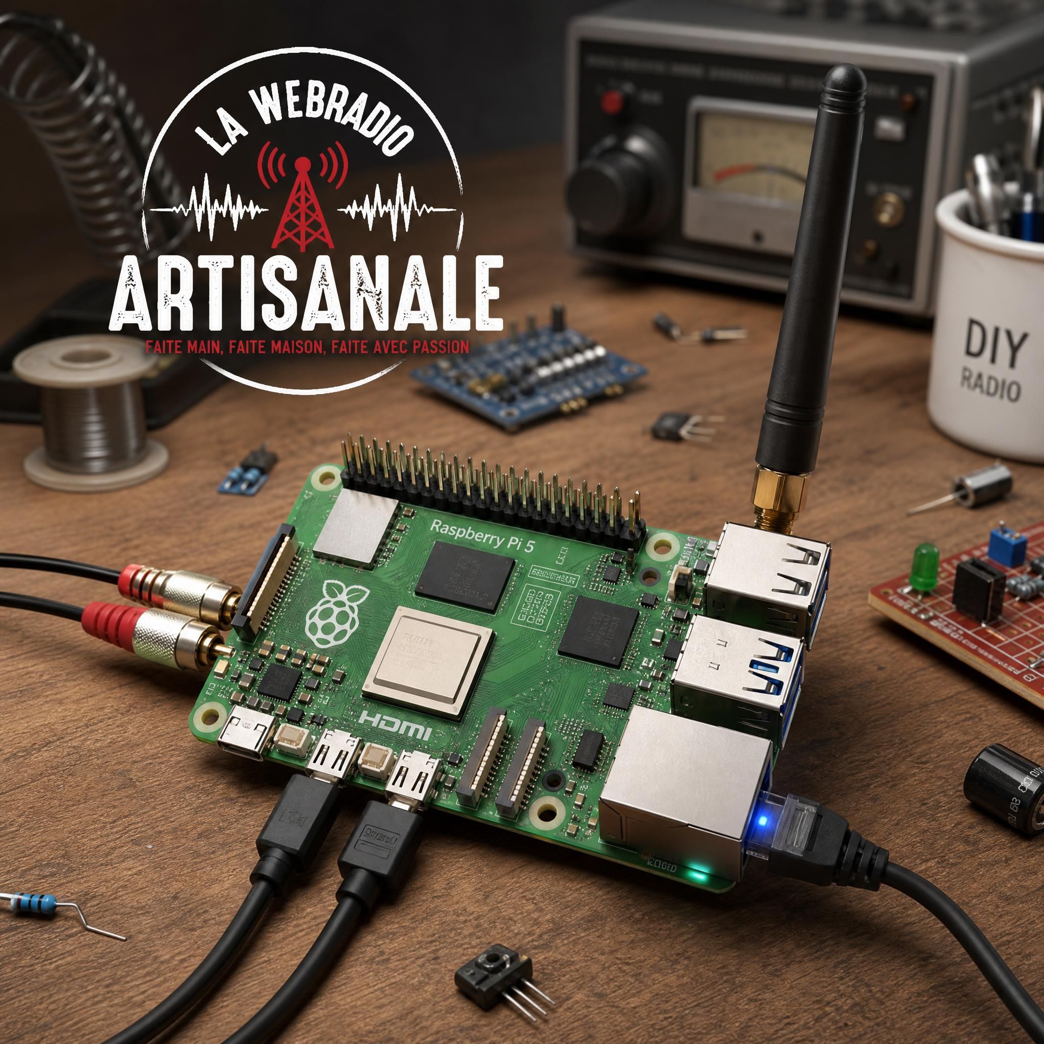 Raspberry Pi 5 avec câbles audio et antenne, posé sur une table d'atelier avec des composants électroniques et un logo webradio artisanal