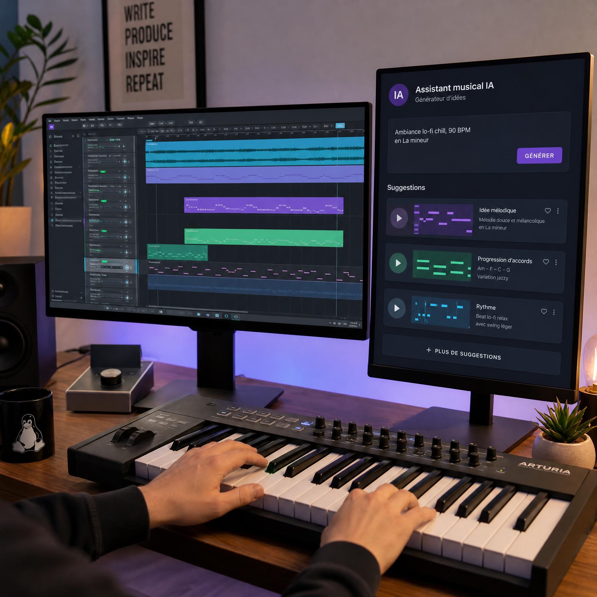 Mains d'un musicien sur un clavier MIDI avec une interface IA affichant des suggestions musicales sur un écran secondaire sous Linux
