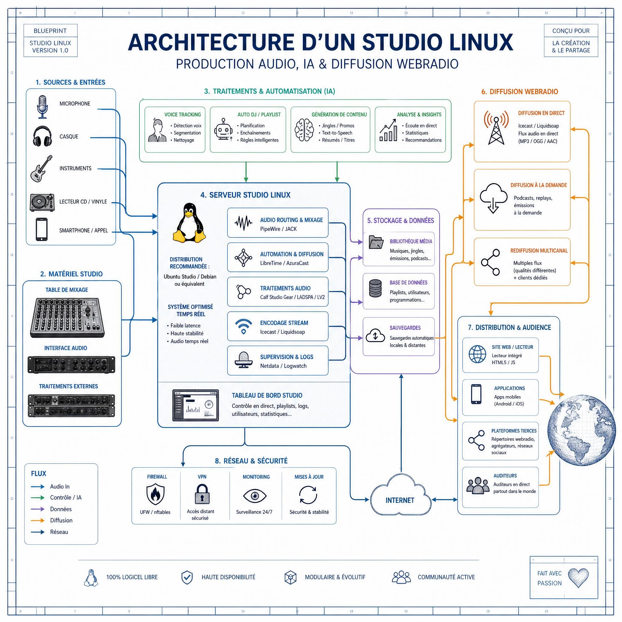 Schéma technique illustrant l'architecture complète d'un studio Linux avec flux audio, IA et diffusion webradio, style blueprint d'atelier