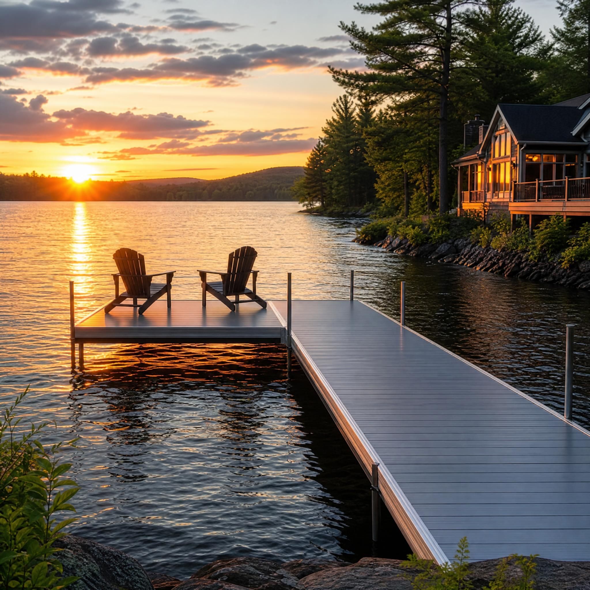 Propriété riveraine avec un quai en aluminium moderne au coucher du soleil, lac du Québec en arrière-plan