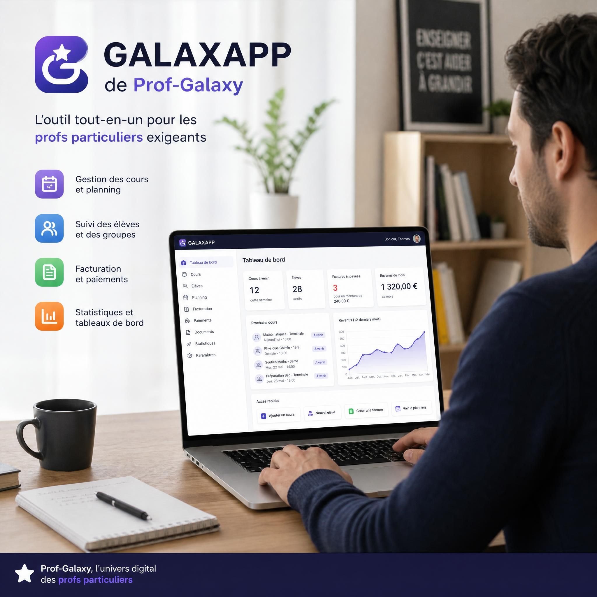 Professeur particulier utilisant la GALAXAPP de Prof-Galaxy sur son ordinateur, interface moderne et intuitive pour la gestion administrative