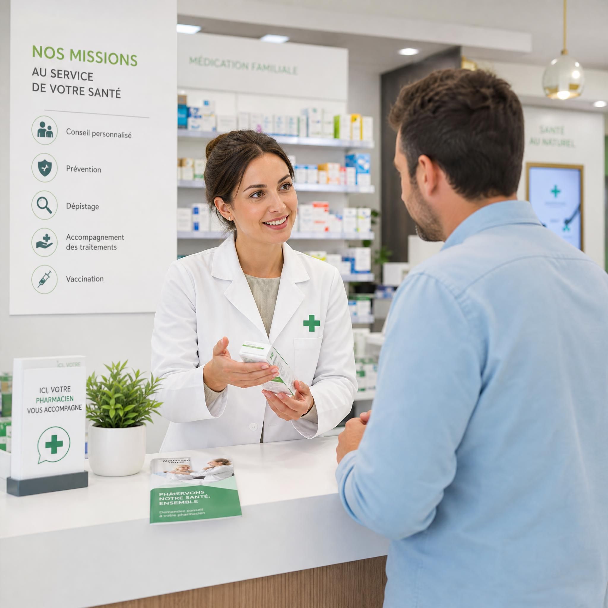 Pharmacien en blouse blanche conseillant un patient au comptoir d'une pharmacie moderne, illustrant les nouvelles missions de santé