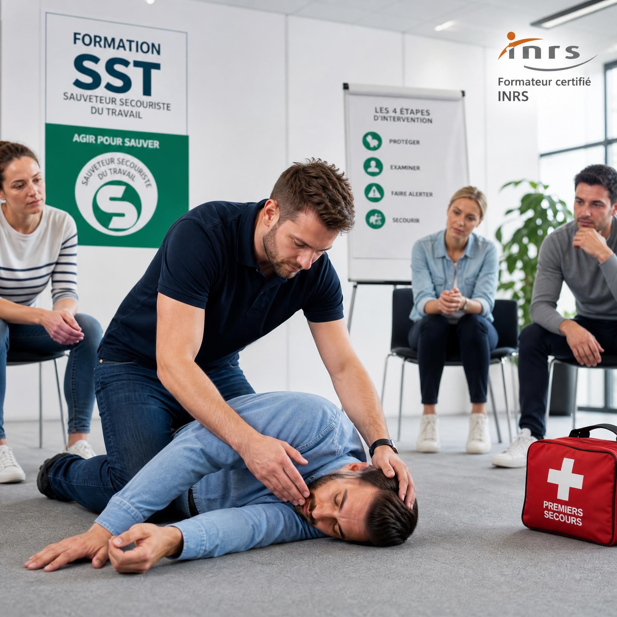 Salarié en entreprise effectuant un geste de premiers secours sur un collègue lors d'une formation SST certifiée INRS, illustration de la prévention des risques professionnels