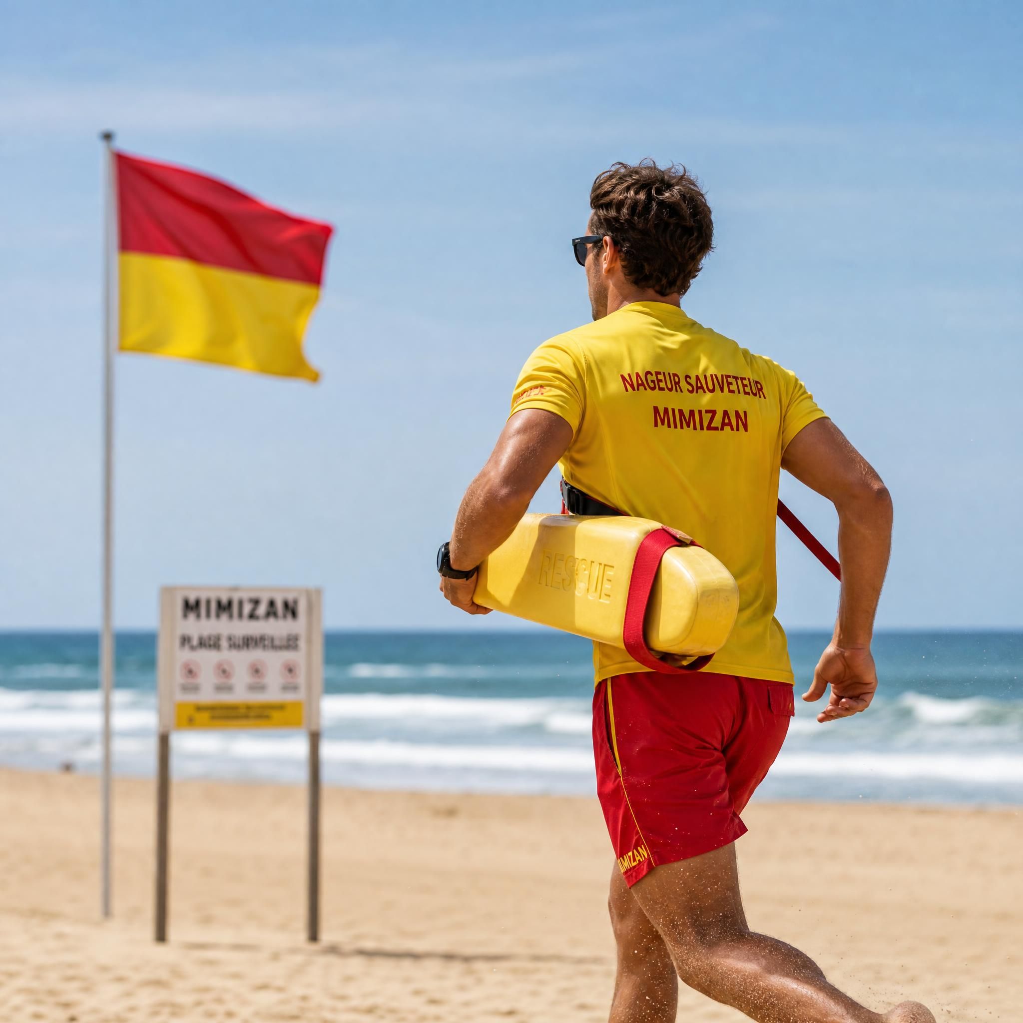 Nageur-sauveteur en intervention sur la plage de Mimizan Landes, drapeau de surveillance en arrière-plan