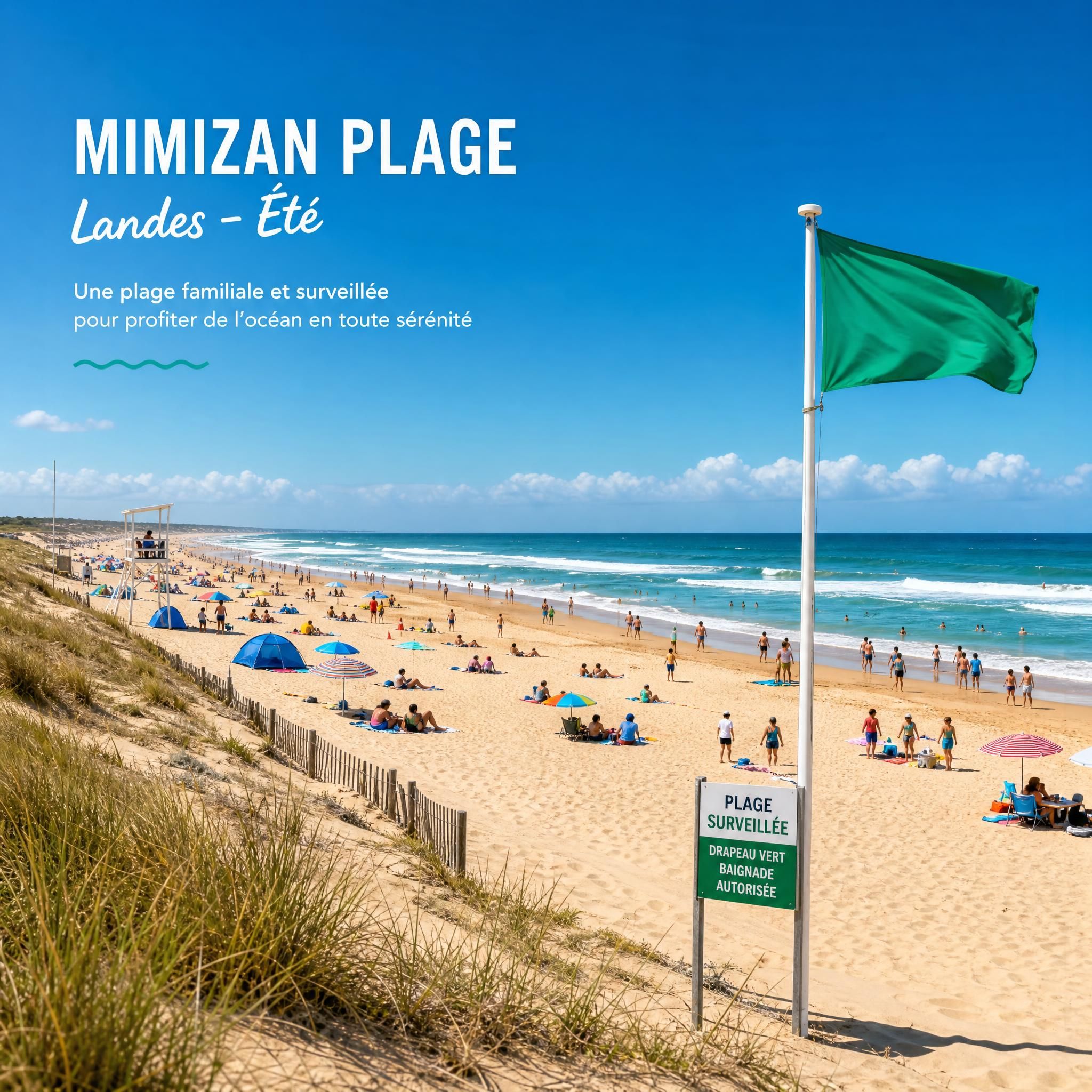Vue panoramique plage de Mimizan Landes en été, familles sur le sable, drapeau vert de surveillance hissé