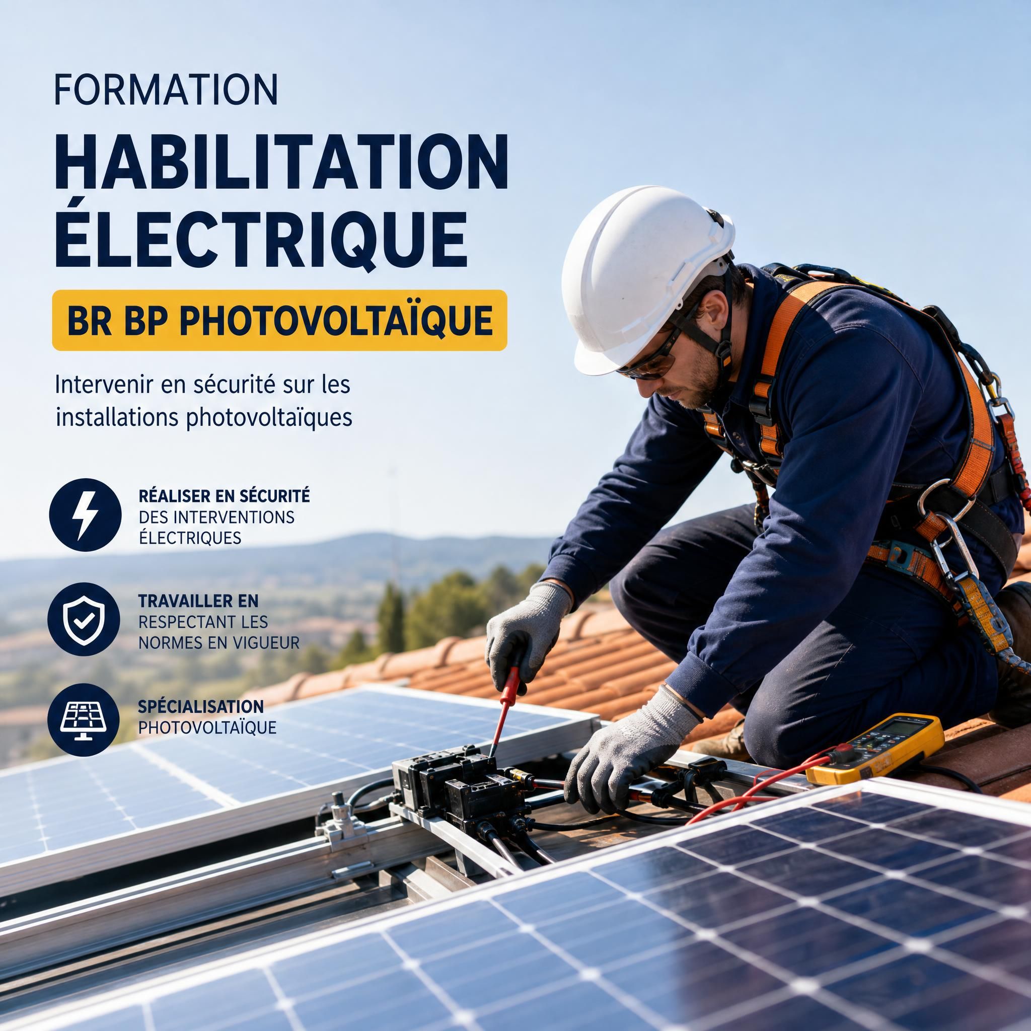 Technicien en équipements de protection individuelle intervenant sur des panneaux solaires photovoltaïques sur toiture, formation habilitation électrique BR BP photovoltaïque