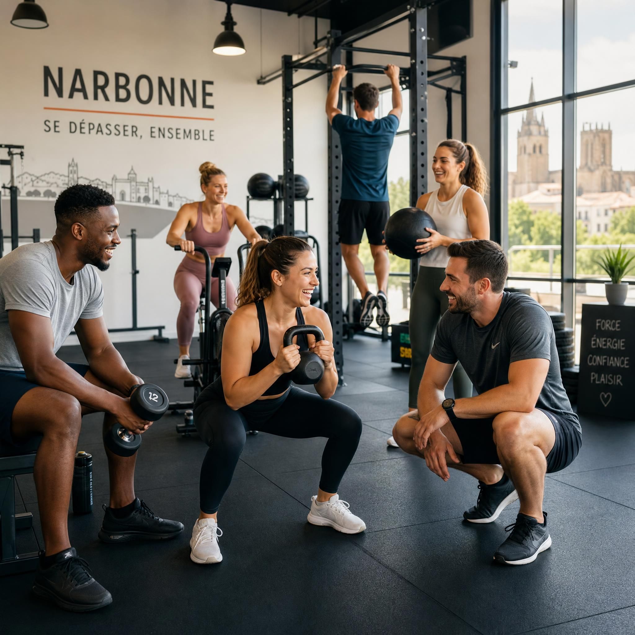 Groupe de personnes diverses s'entraînant ensemble dans une salle de sport lumineuse à Narbonne, ambiance motivante et conviviale