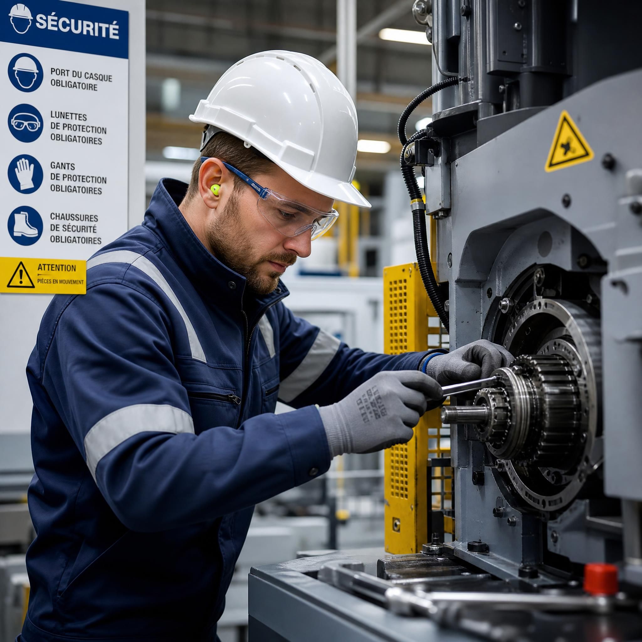 Technicien industriel portant des EPI intervenant sur une machine industrielle lors d'une opération de maintenance mécanique en sécurité