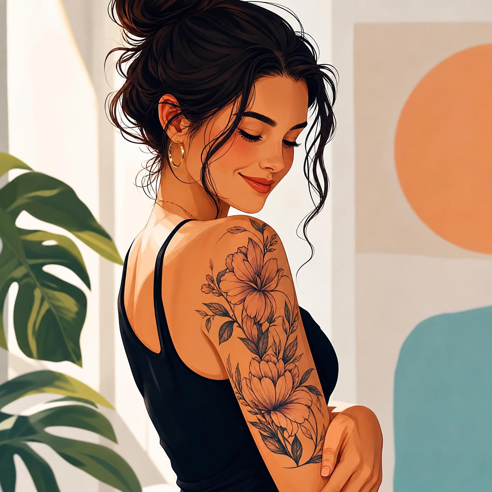 Illustration inspirante d'une femme regardant son tatouage avec fierté, style graphique coloré sans texte