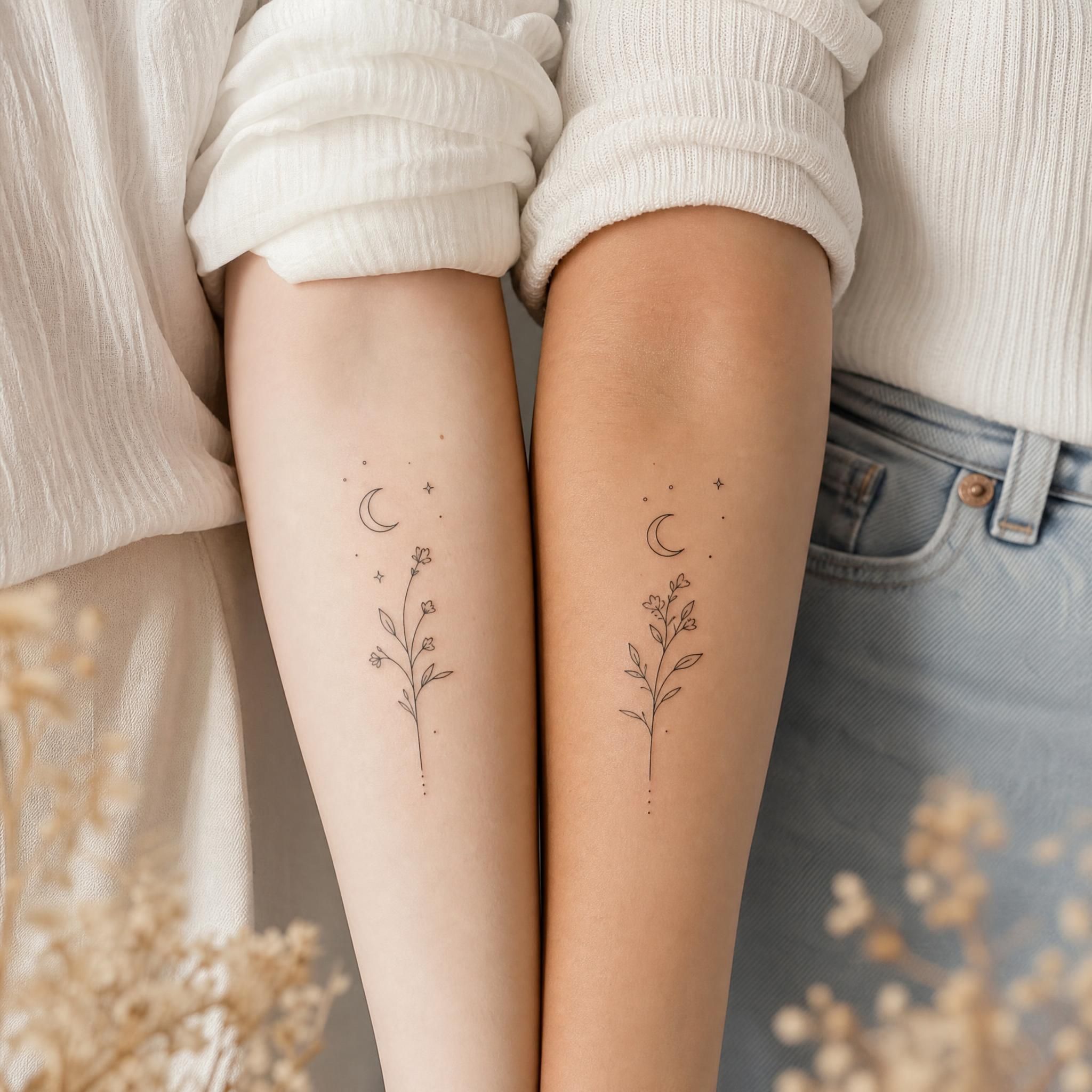 Illustration douce et poétique de deux avant-bras côte à côte portant des tatouages assortis en fine line, style minimaliste, sans texte