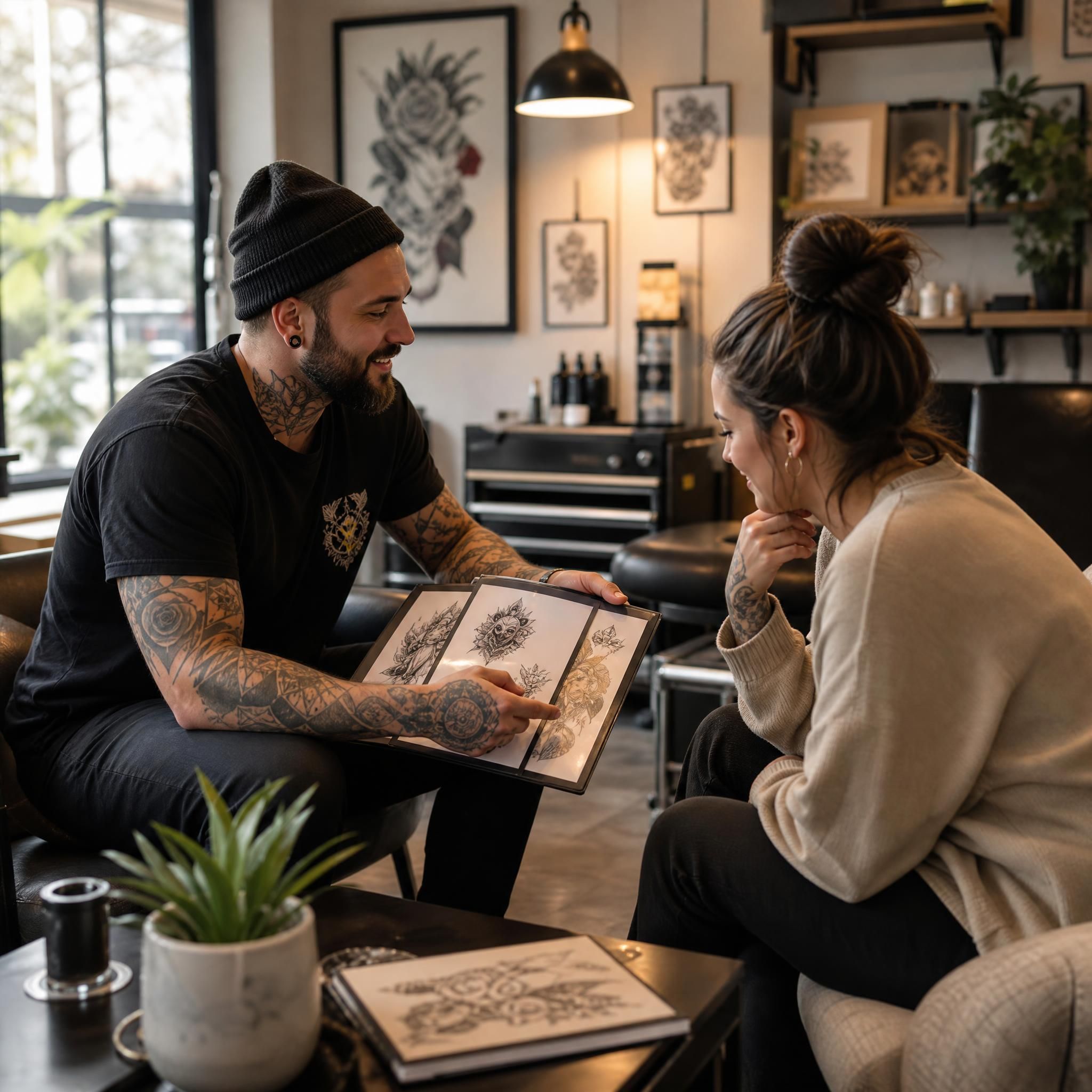 Illustration chaleureuse d'un tatoueur en consultation avec un client, montrant un portfolio, ambiance studio moderne et accueillant, sans texte