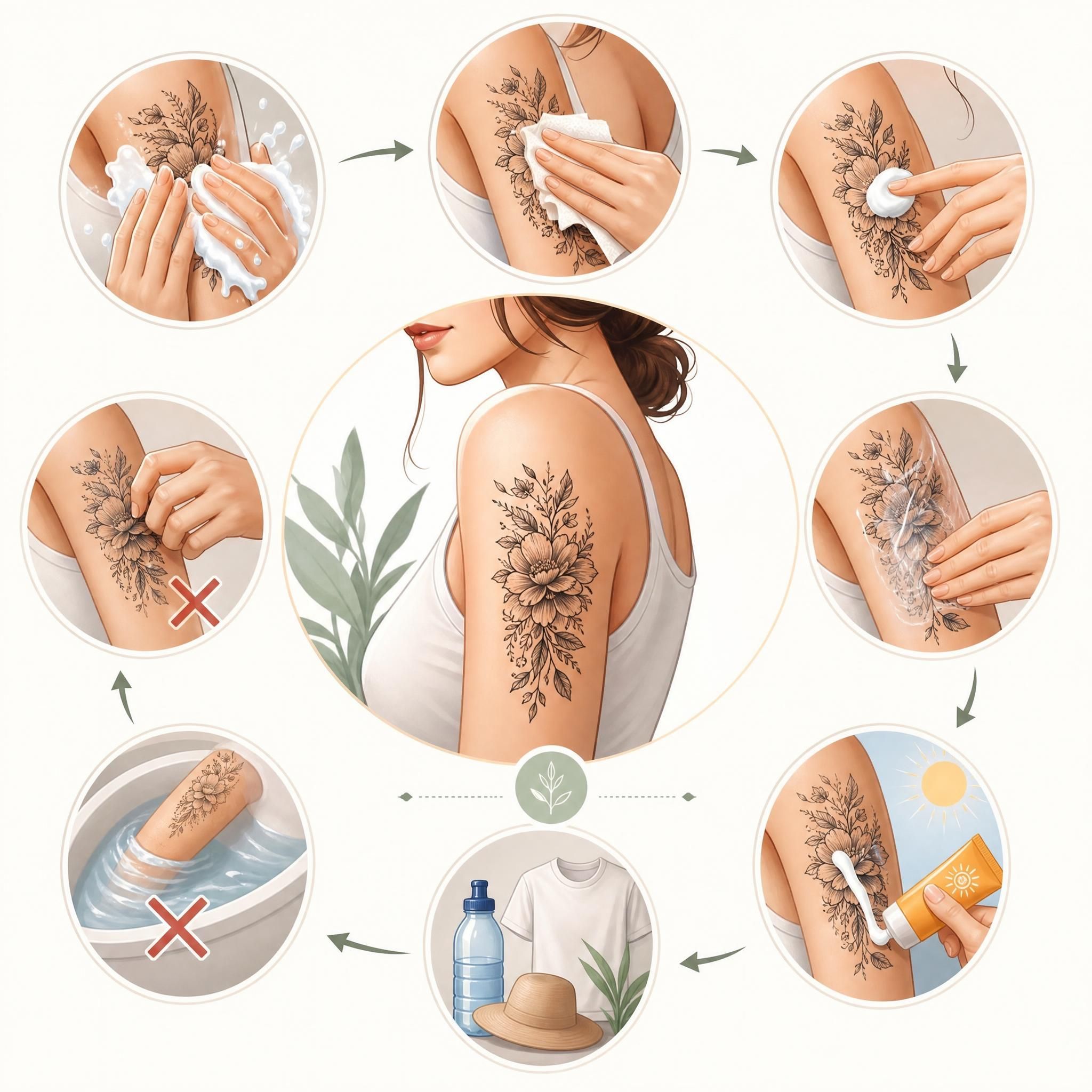 Illustration douce et informative montrant les étapes de soin d'un tatouage, crème hydratante, protection solaire, gestes quotidiens, style illustratif sans texte