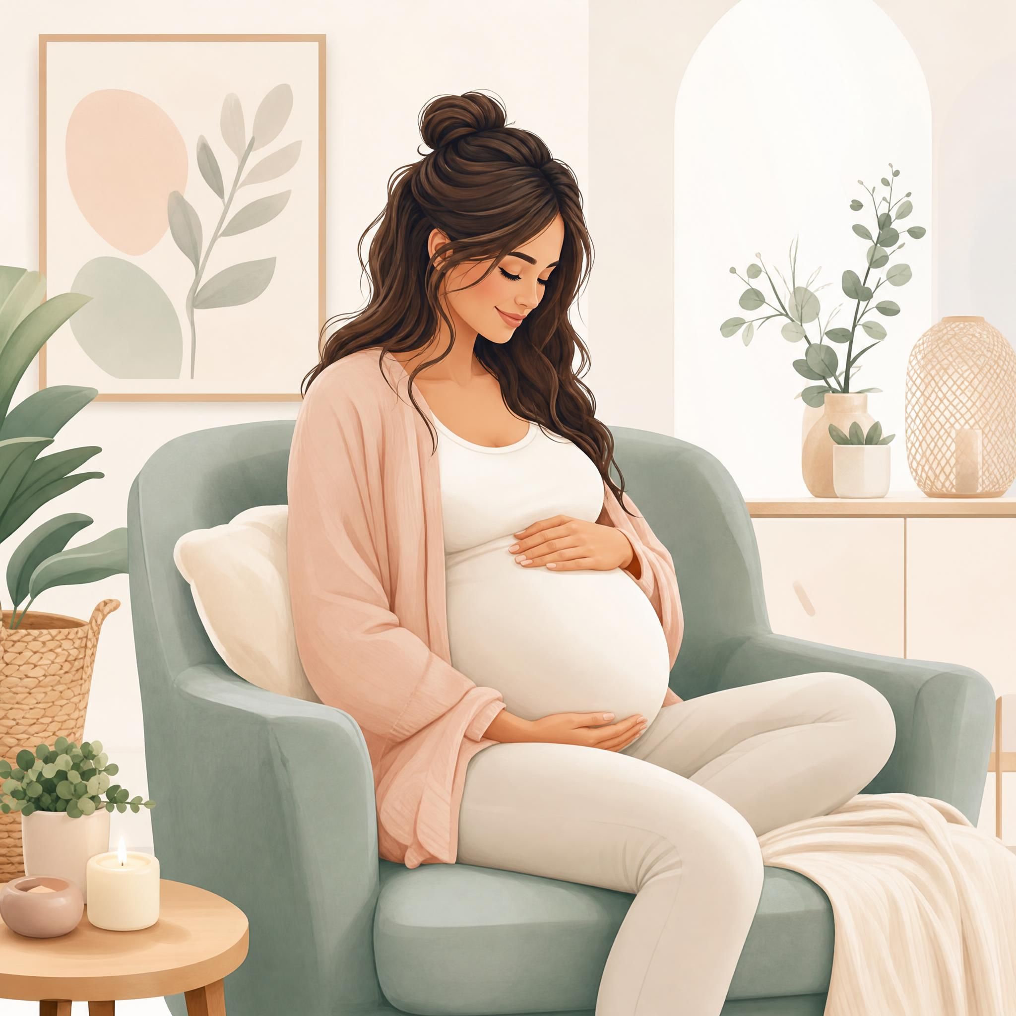 Illustration illustrative d'une femme enceinte dans un cadre rassurant et doux, style graphique pastel sans texte
