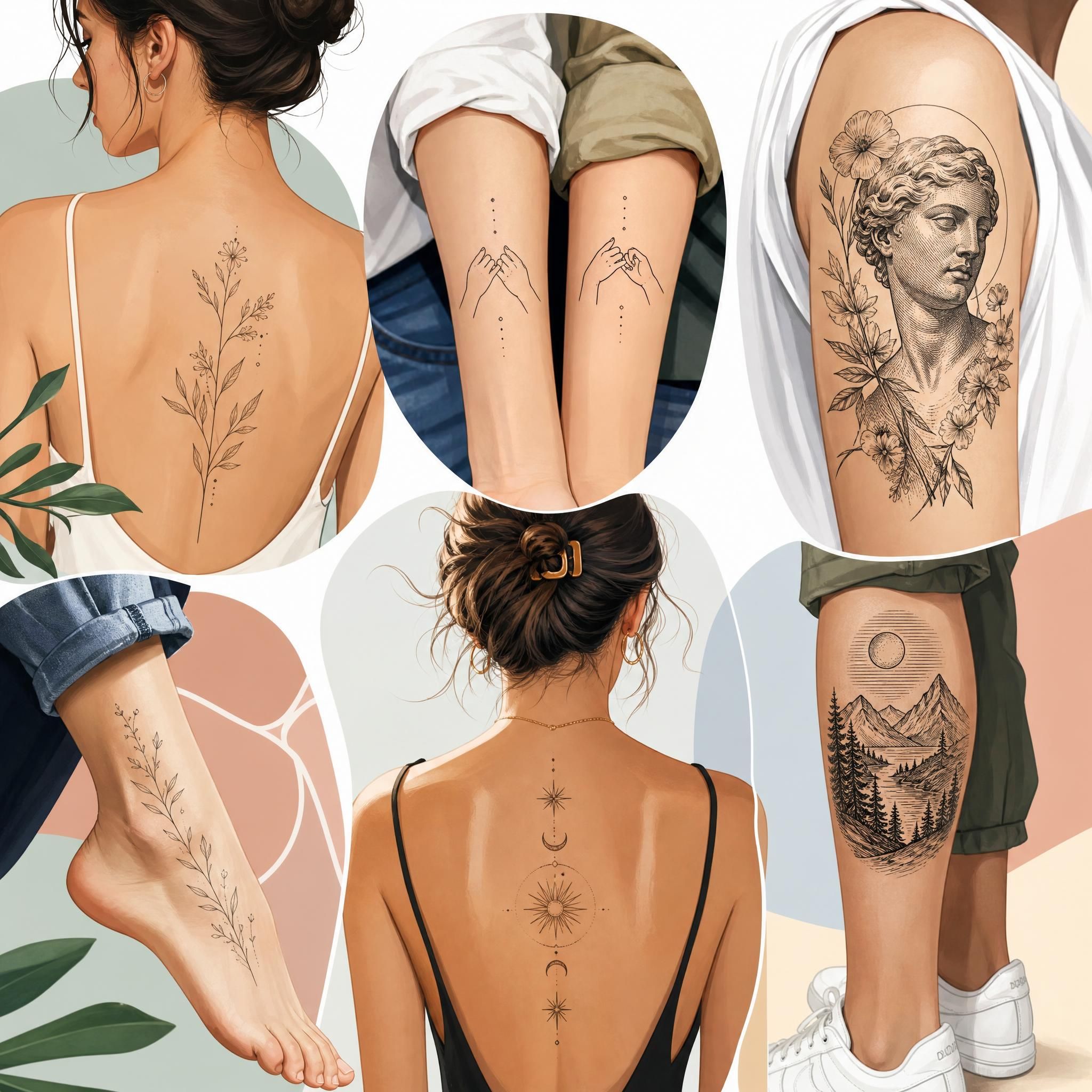 Illustration colorée et décontractée de différents styles de tatouages tendance en 2026, fine line botanique, matching tattoos, style gravure, sans texte