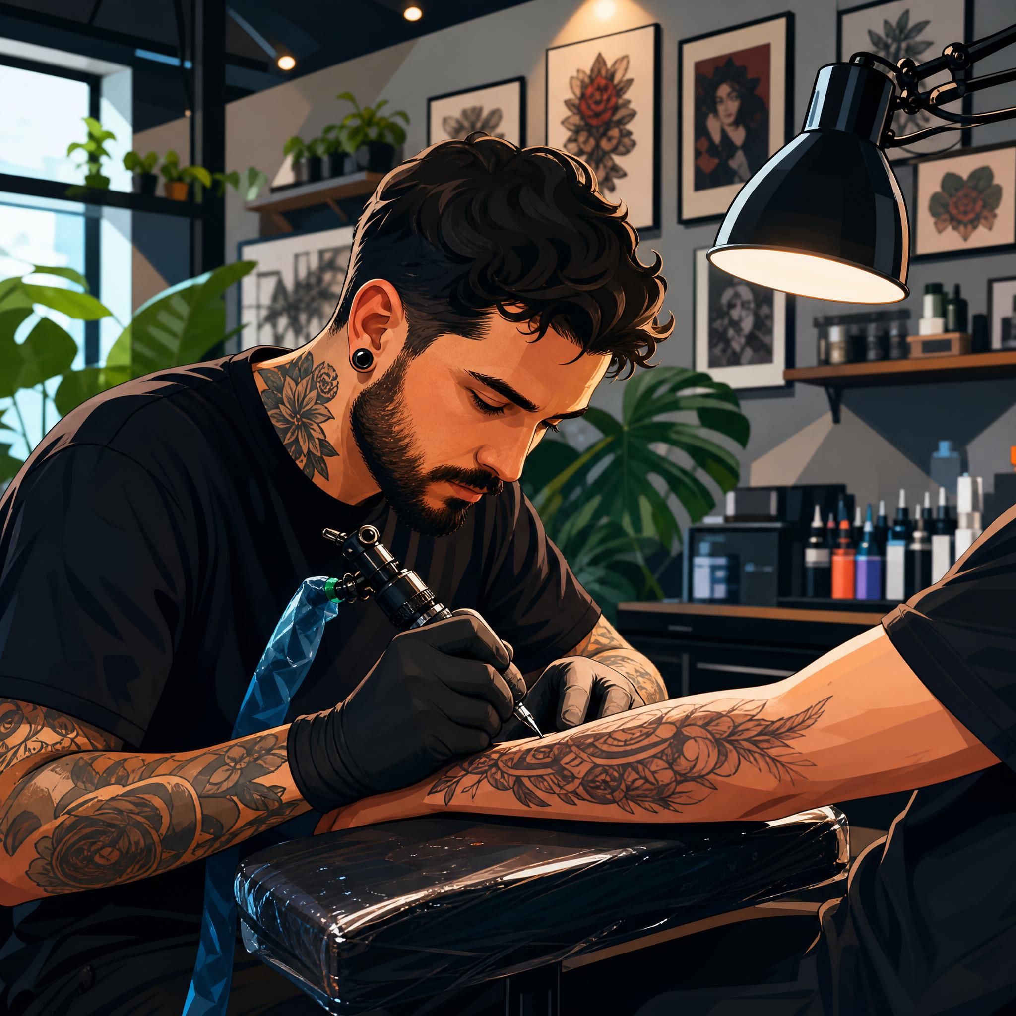 Illustration colorée d'un tatoueur au travail dans un studio moderne, style graphique sans texte