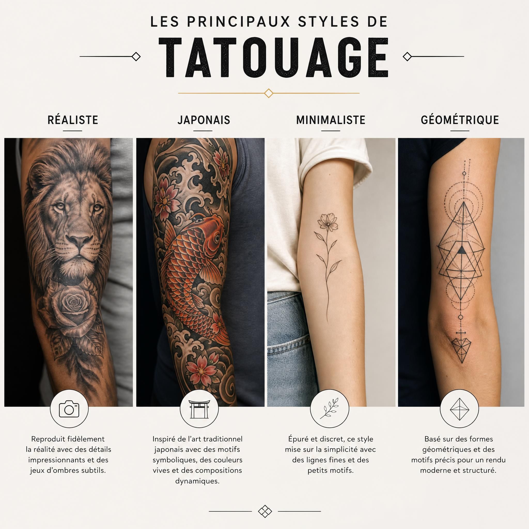 Illustration graphique présentant différents styles de tatouage côte à côte, réaliste, japonais, minimaliste, géométrique
