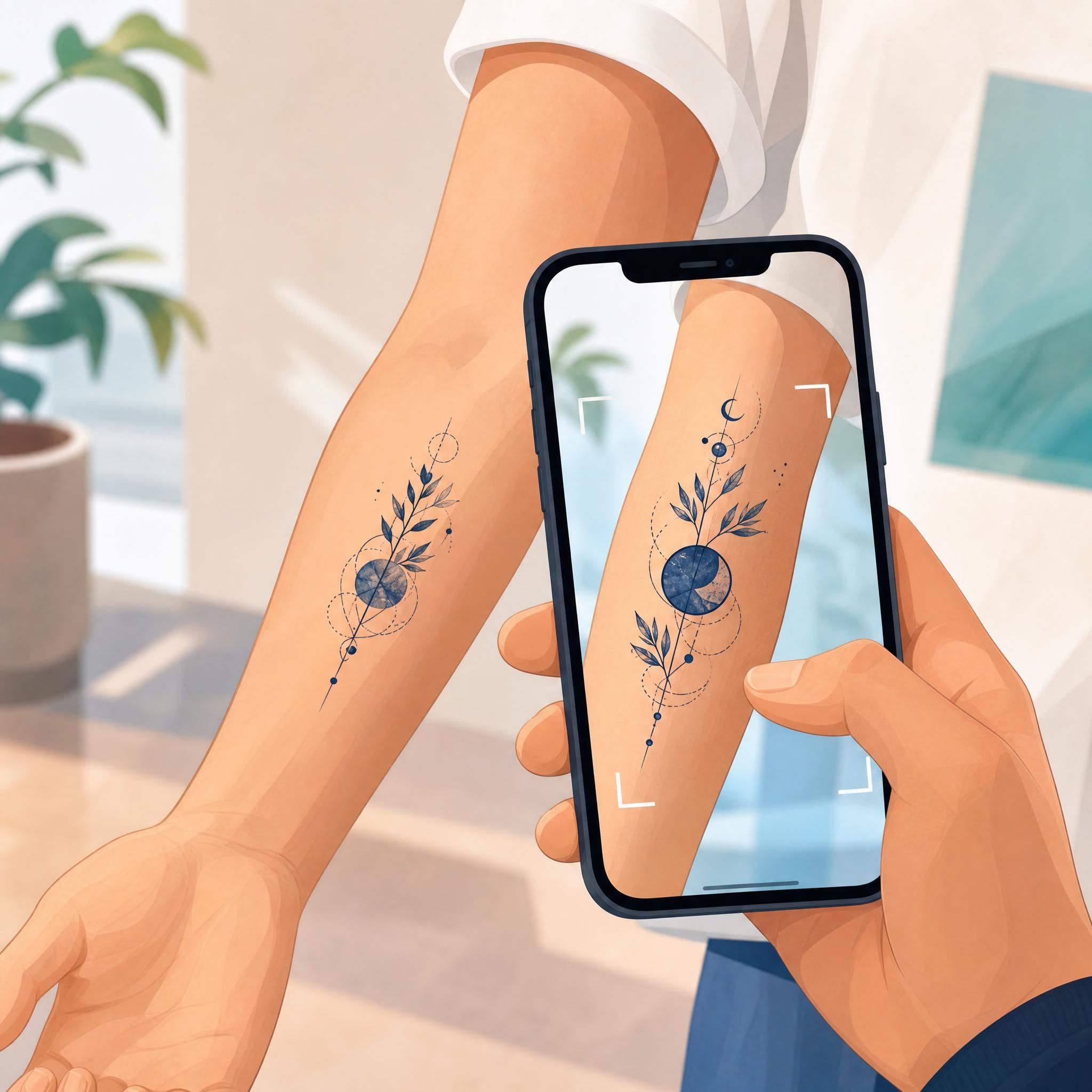 illustration d'un bras avec un tatouage en réalité augmentée affiché via un smartphone, style illustratif doux et moderne, sans texte