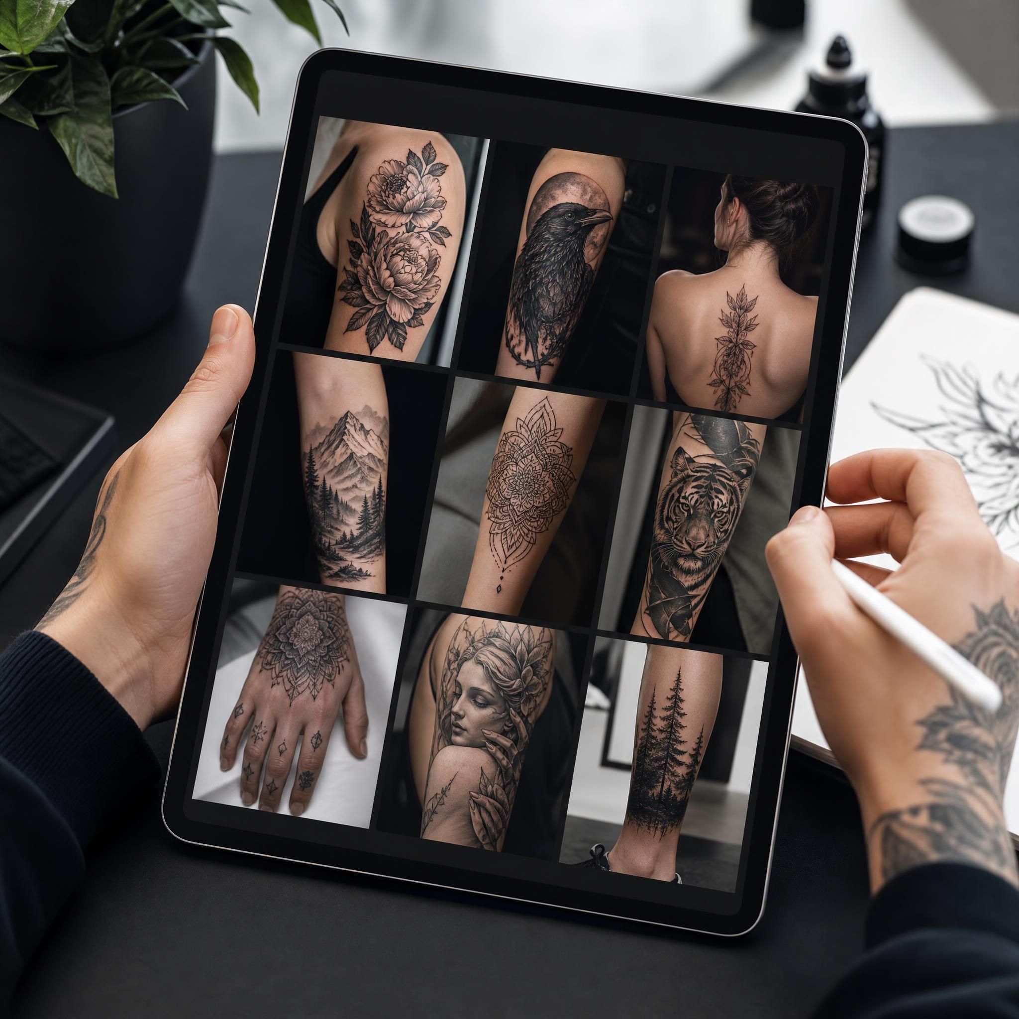 Illustration illustrative d'un portfolio de tatoueur présenté sur une tablette numérique, style graphique moderne sans texte
