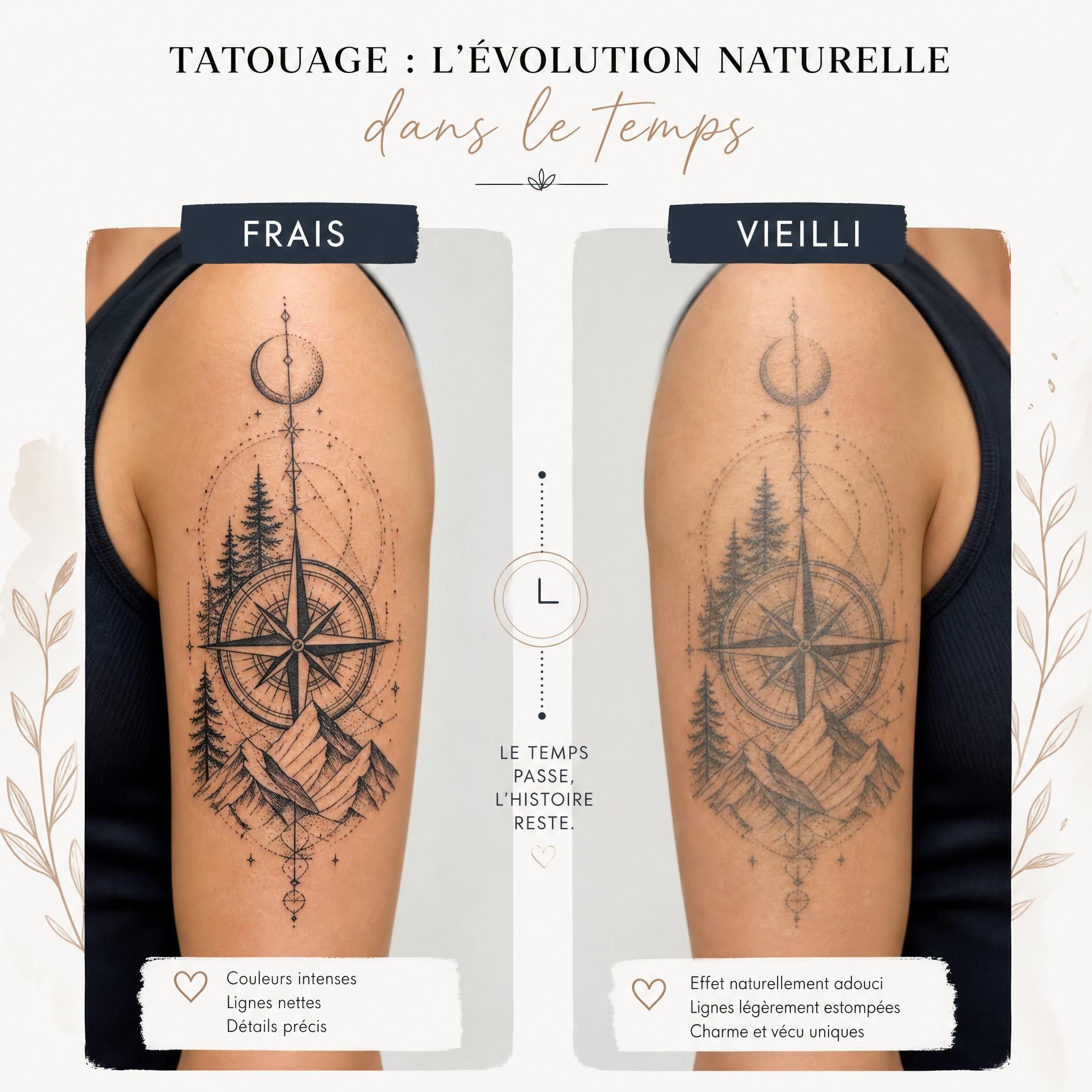 Illustration illustrative montrant l'évolution stylisée d'un tatouage dans le temps, avec deux versions côte à côte — frais vs vieilli — représentées de manière artistique et positive