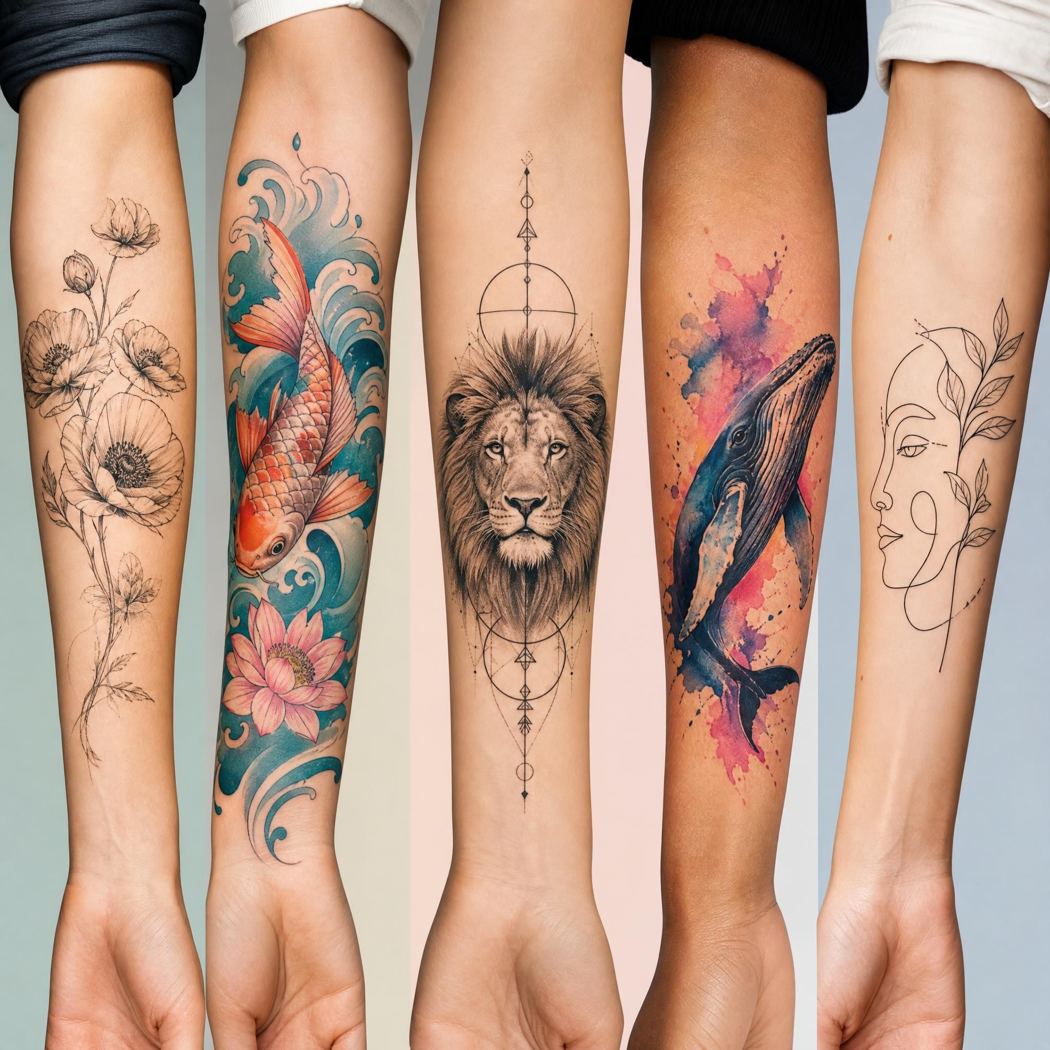 Illustration de différents styles de tatouage présentés côte à côte sur des bras, style illustratif doux sans texte, palette de couleurs variée