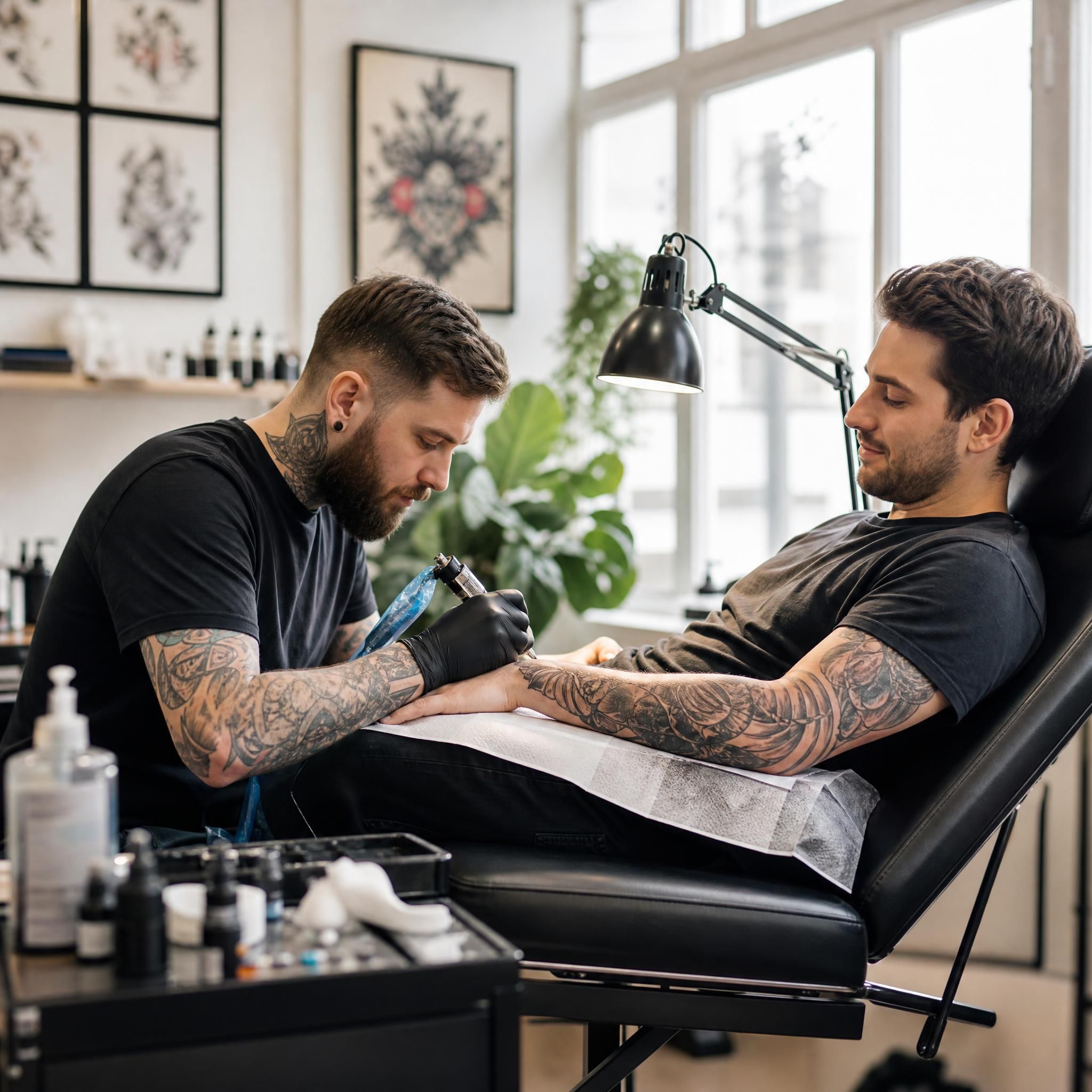 Illustration illustrative d'un tatoueur professionnel en train de travailler dans un studio propre et lumineux, client détendu sur le fauteuil, ambiance bienveillante, sans texte