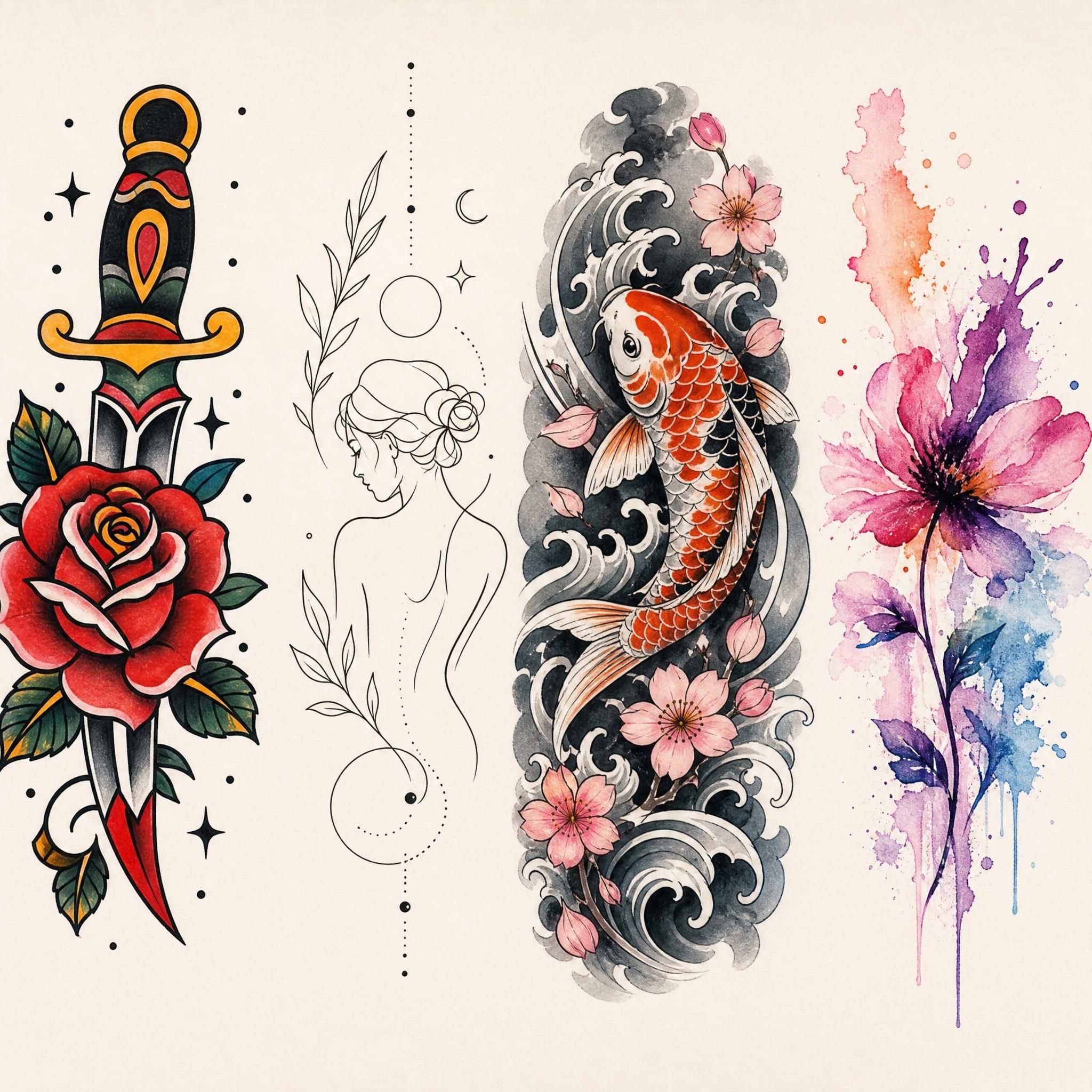 Illustration colorée et illustrative montrant plusieurs styles de tatouage côte à côte — traditionnel, minimaliste, japonais, aquarelle — sur une planche artistique sans texte