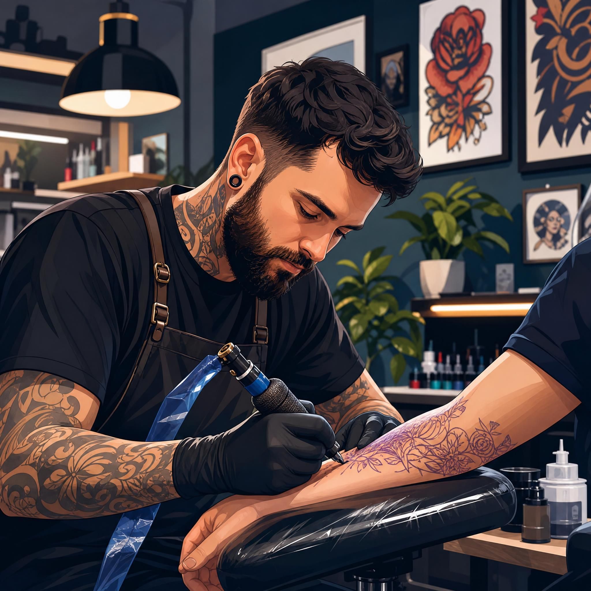 Illustration illustrative d'un tatoueur professionnel au travail dans un studio moderne, style graphique coloré sans texte