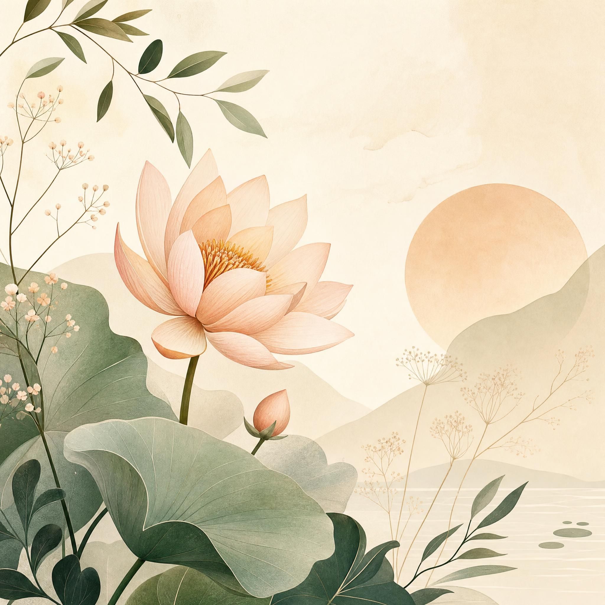 Illustration illustrative douce et poétique représentant des motifs floraux et organiques inspirés de la nature, évoquant la patience et la beauté durable, sans texte