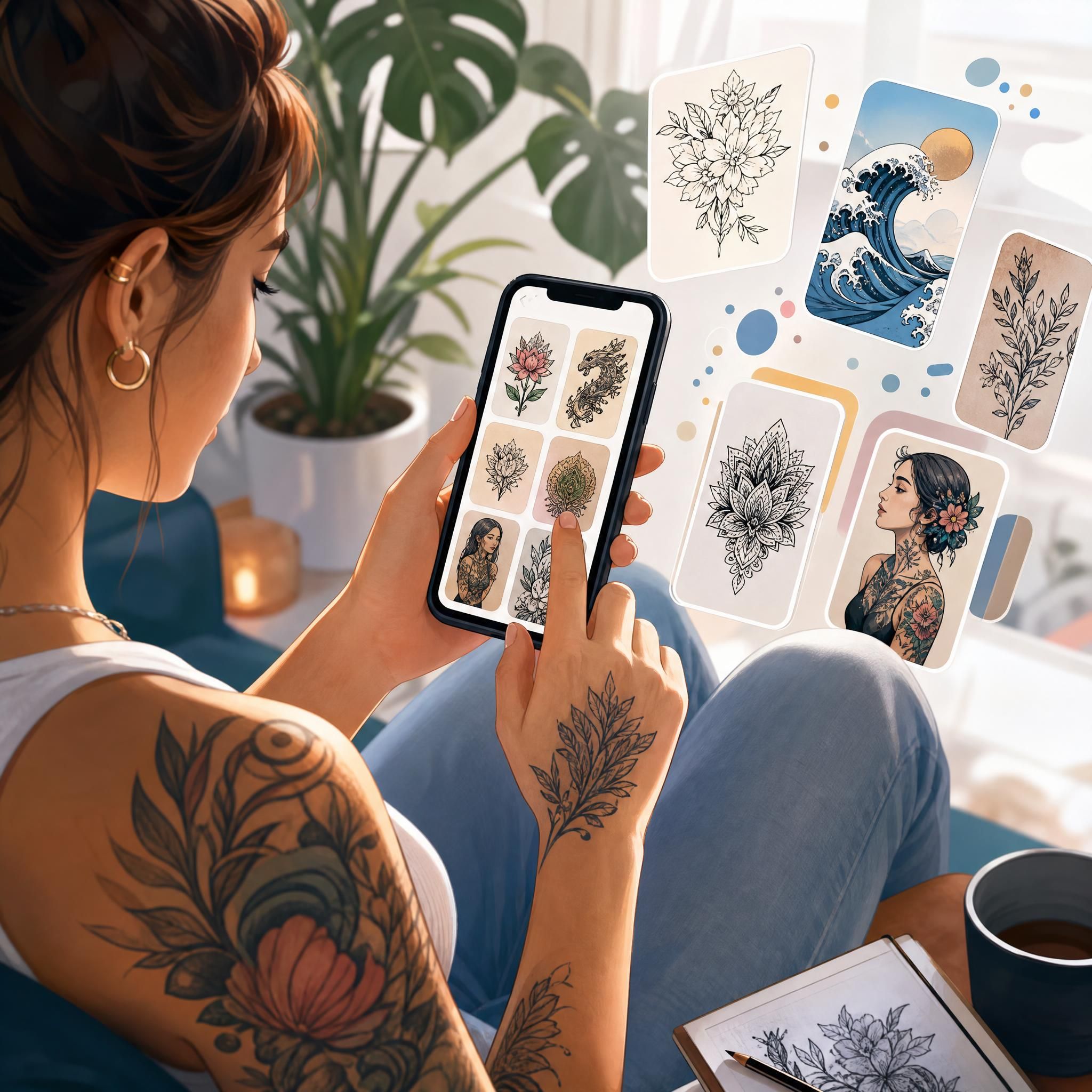 illustration colorée et moderne d'une personne utilisant une application mobile pour explorer des styles de tatouage, ambiance créative et inspirante, sa
![illustration colorée et moderne d'une personne utilisant une application mobile pour explorer des styles de tatouage, ambiance créative et inspirante, sans texte