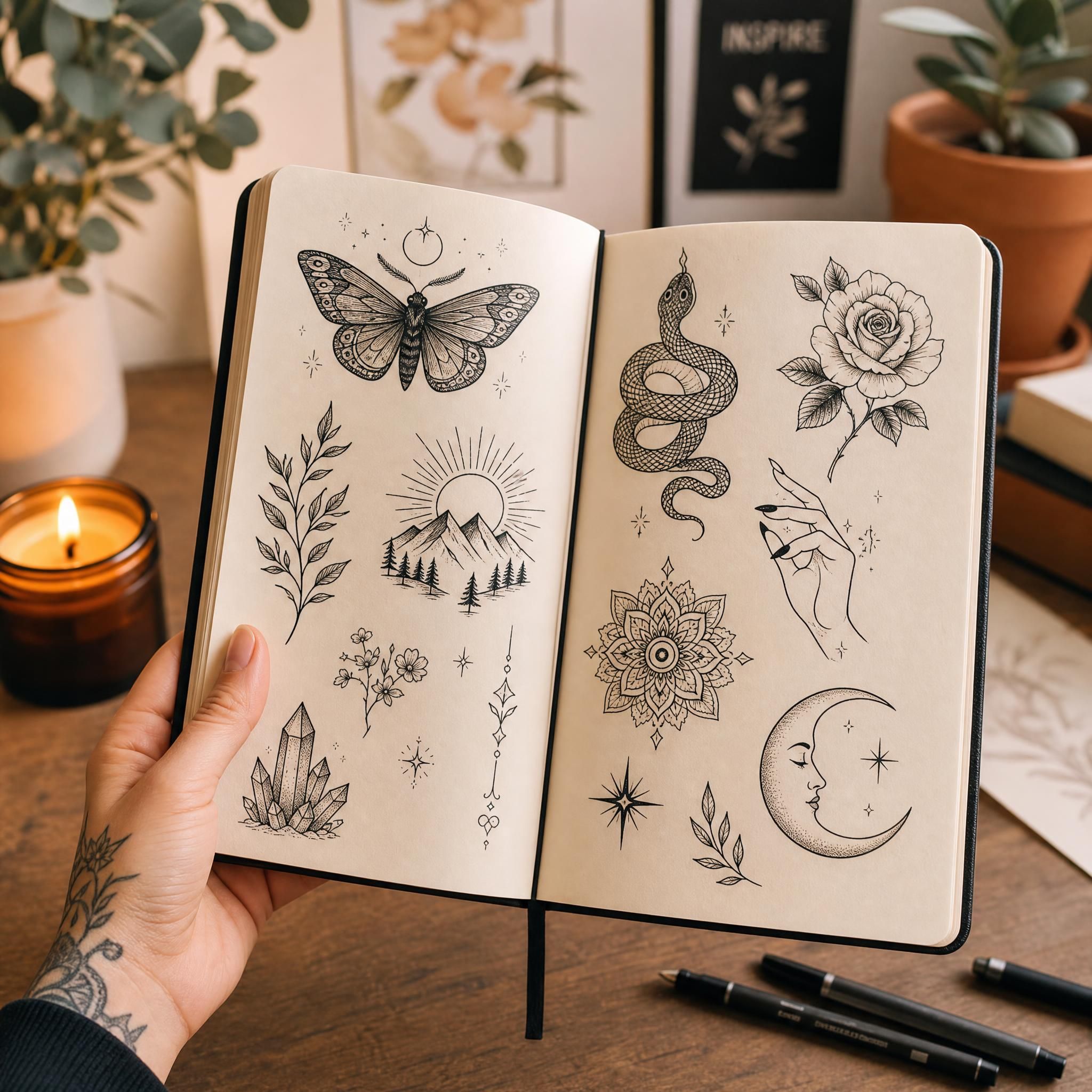Illustration chaleureuse d'une main tenant un carnet de croquis ouvert avec des dessins de tatouages variés, style illustratif doux et inspirant