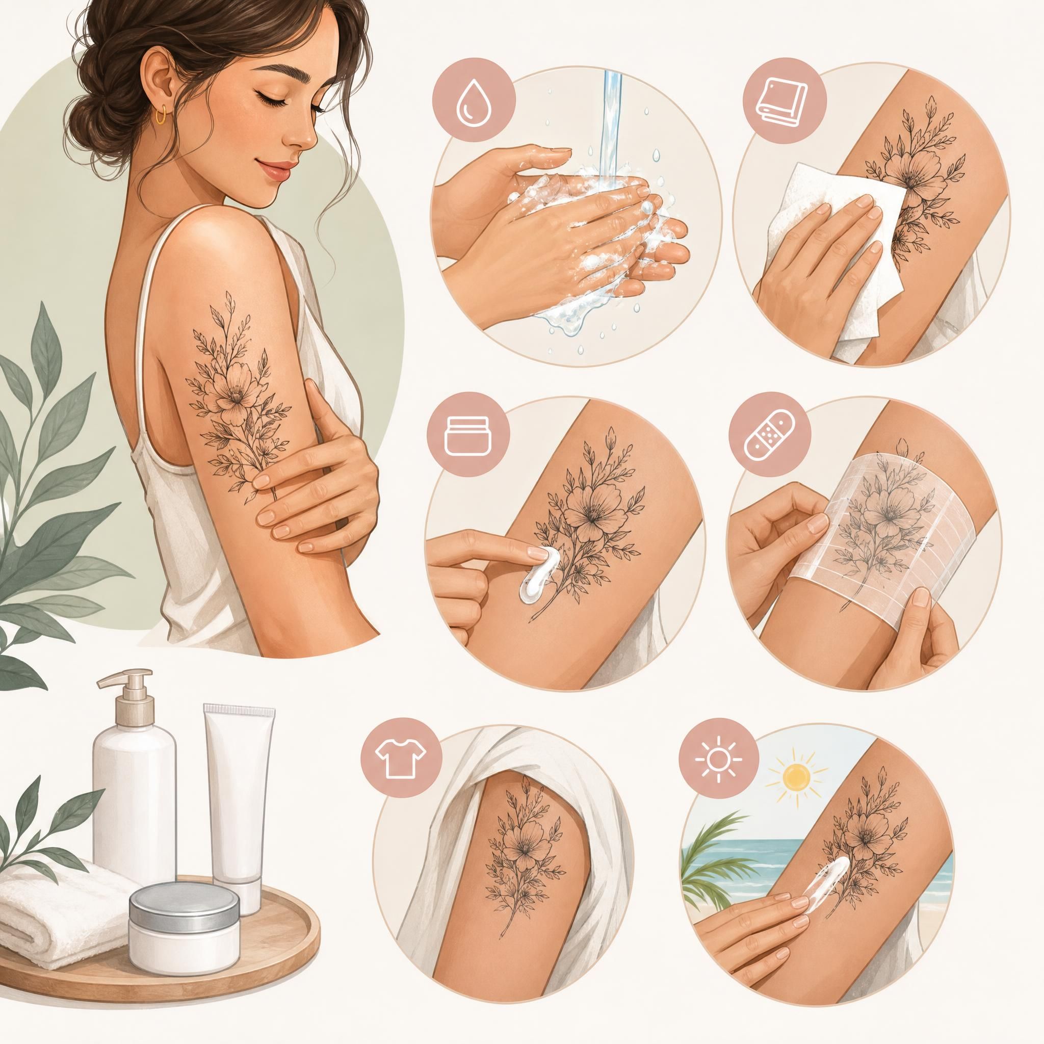 Illustration douce et illustrative montrant les étapes de soin d'un tatouage, crème hydratante, protection solaire, pansement, style graphique et rassurant, sans texte