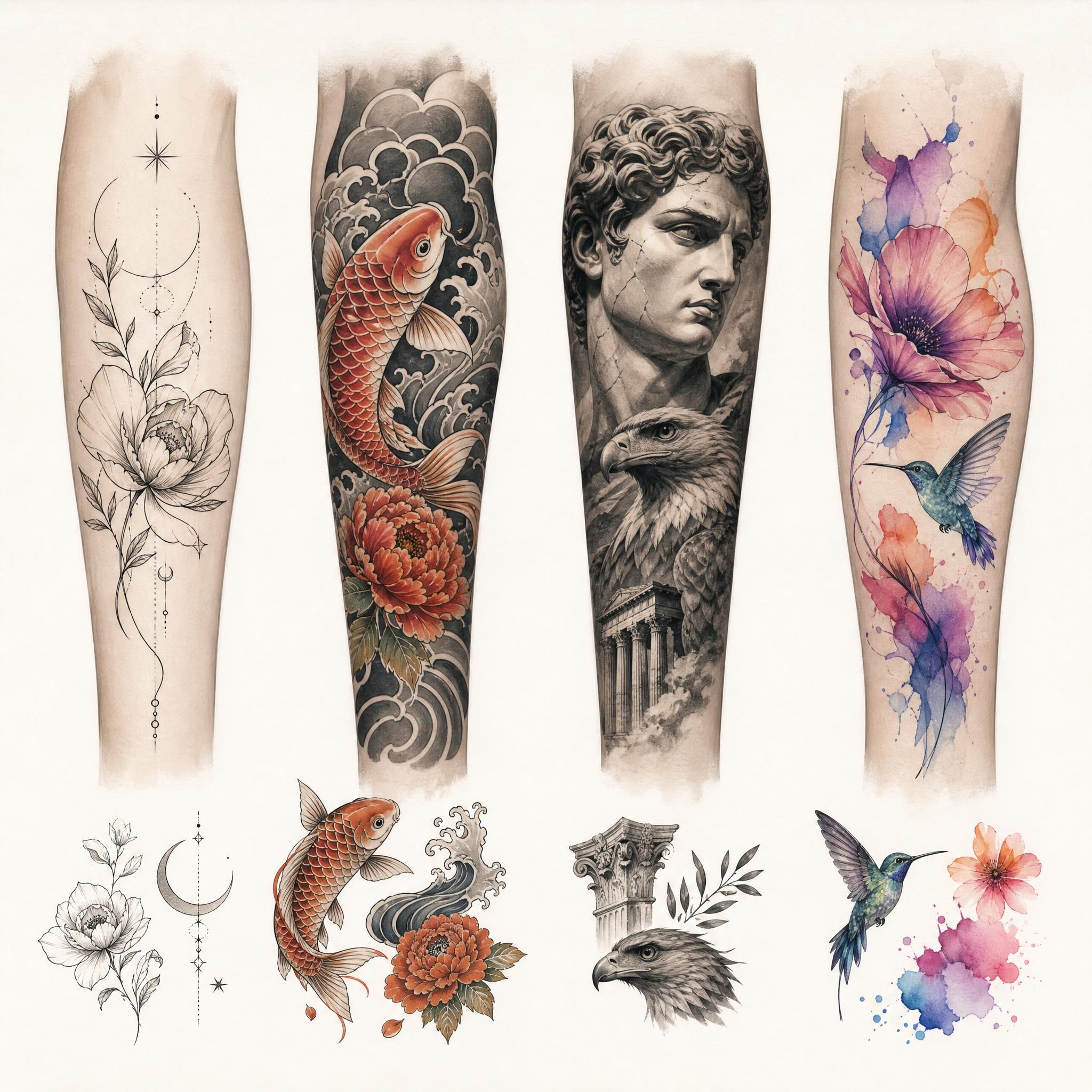 illustration d'une planche de styles de tatouage variés (fine line, japonais, réaliste, aquarelle) présentés comme des exemples artistiques, style illustratif, sans texte