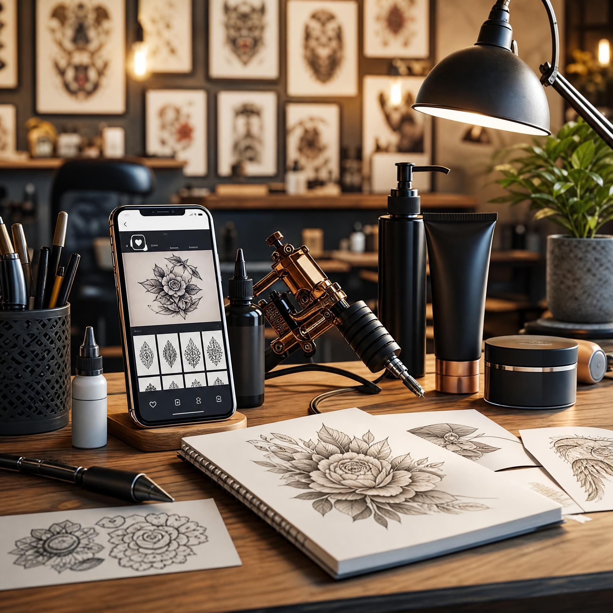 illustration d'un bureau créatif avec des outils de tatouage, un smartphone affichant une app de tatouage, des esquisses et des produits de soin, ambiance artistique et chaleureuse, sans texte