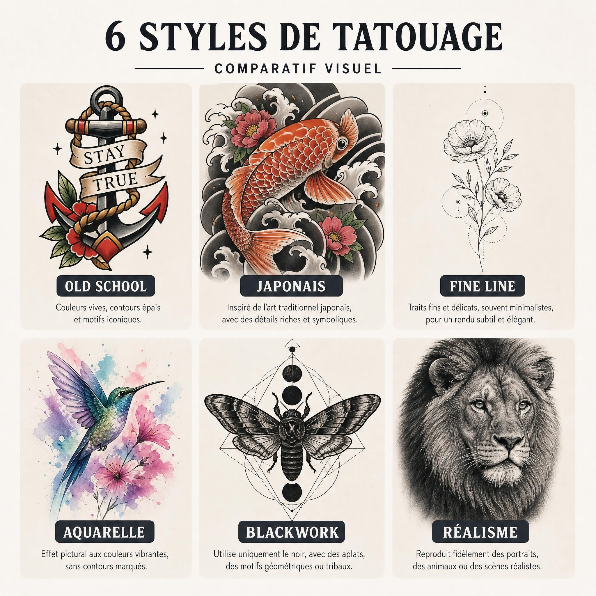 Illustration illustrative montrant un tableau comparatif visuel de six styles de tatouage différents — old school, japonais, fine line, aquarelle, blackwork, réalisme — présentés comme des vignettes artistiques